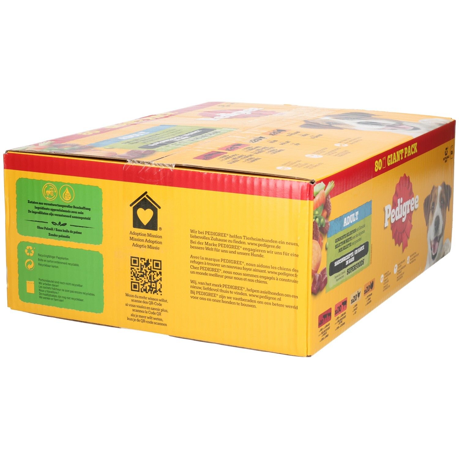 Achterkant van een Pedigree verpakking met 80 stuks, met informatie over Superfoods.