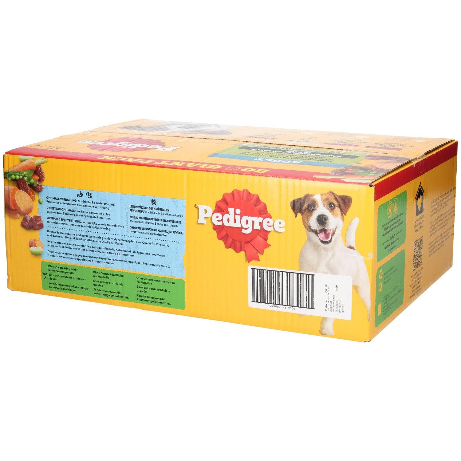 Zijaanzicht van een Pedigree verpakking met 80 stuks voor volwassen honden.