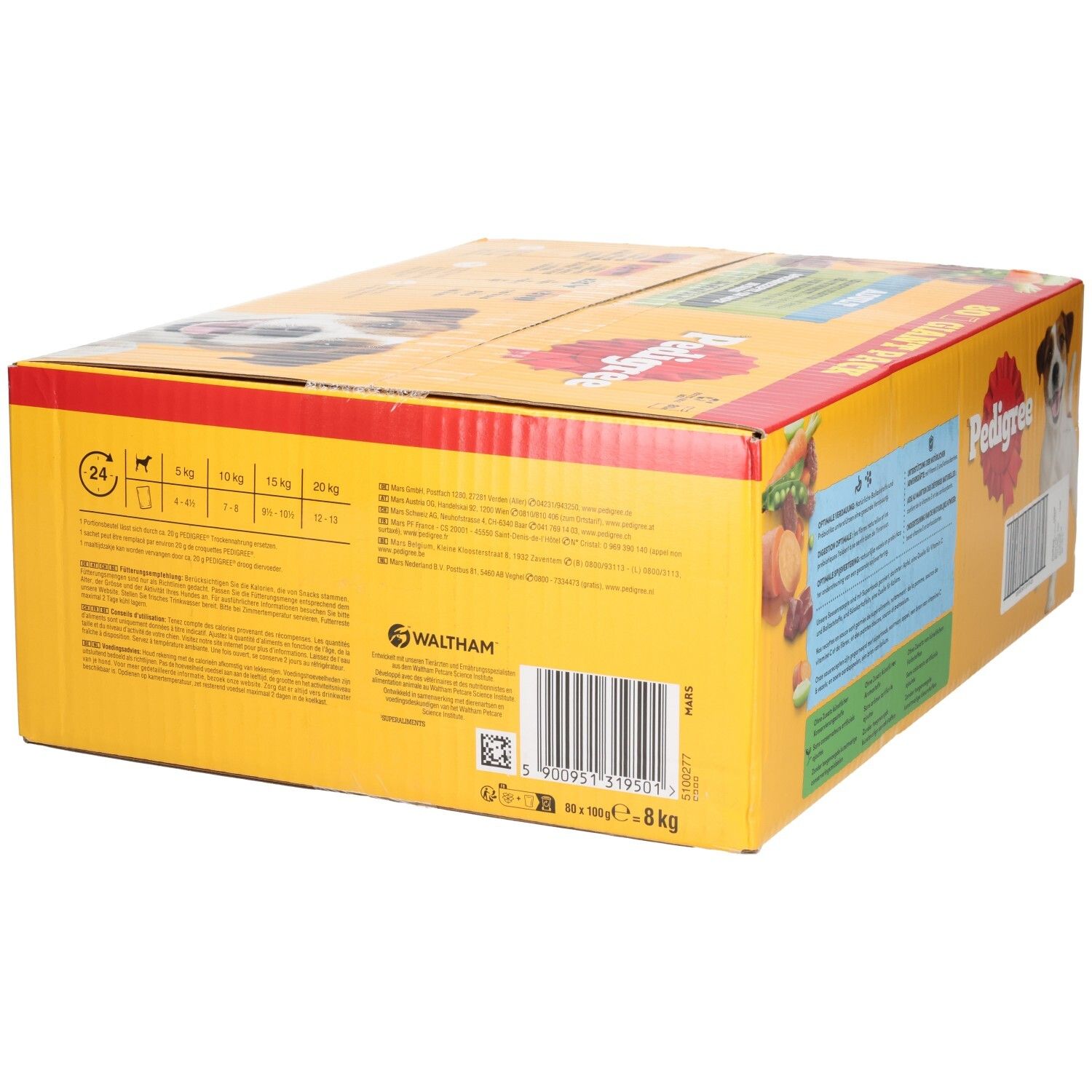 Pedigree verpakking met 80 stuks, met informatie over voeding en gewicht.