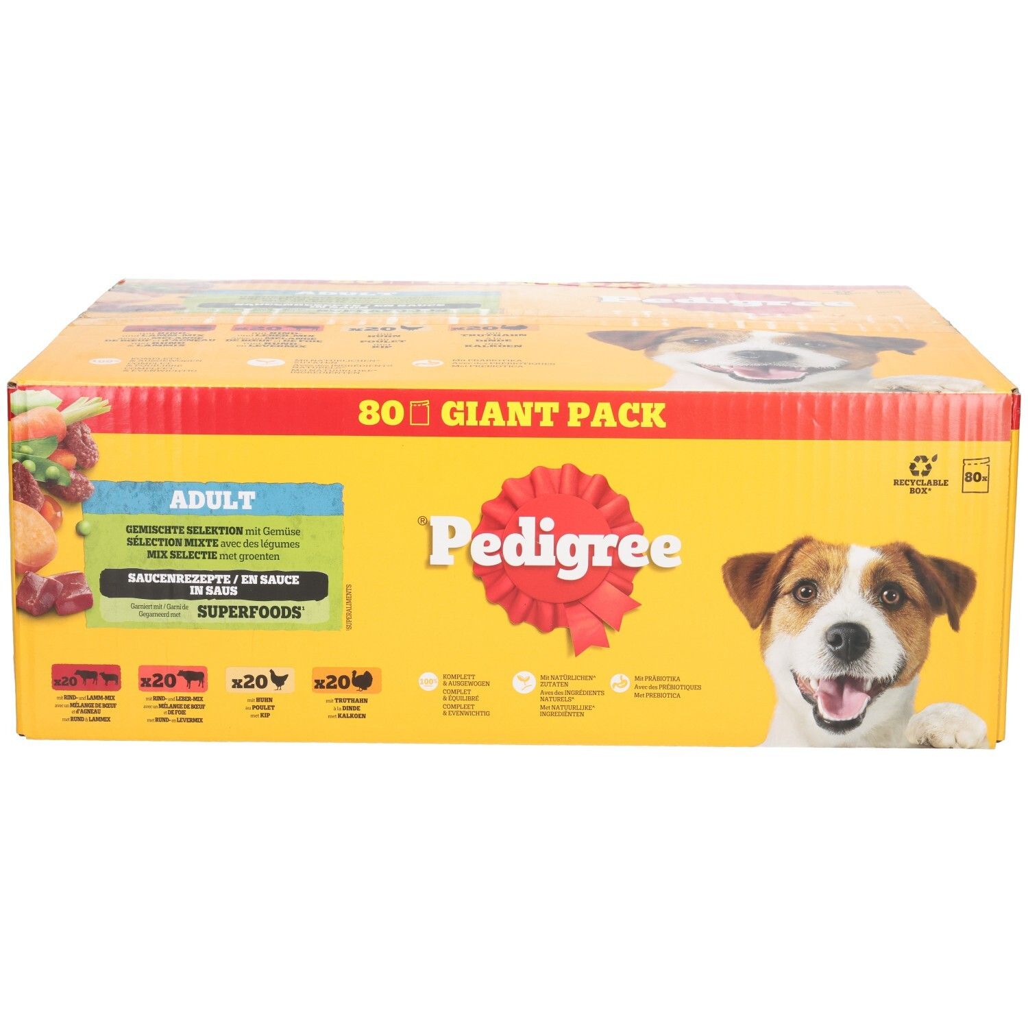 Pedigree verpakking met 80 stuks voor volwassen honden, met Superfoods.