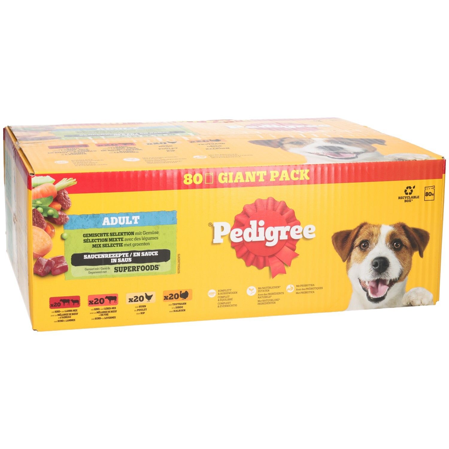 Pedigree verpakking met 80 stuks voor volwassen honden, met Superfoods.