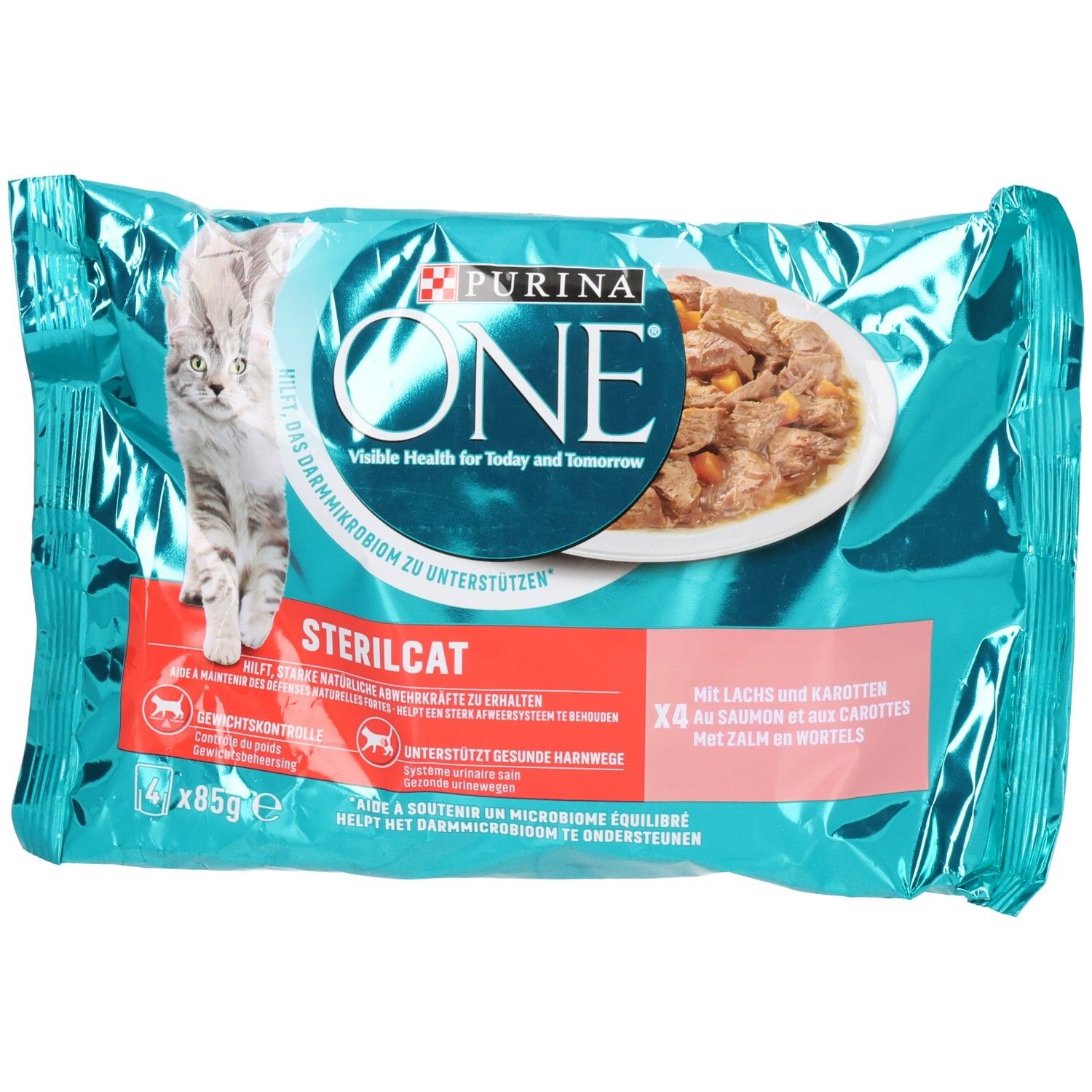 Purina ONE Sterilcat natvoer voor katten met zalm en wortel. 4x 85g.