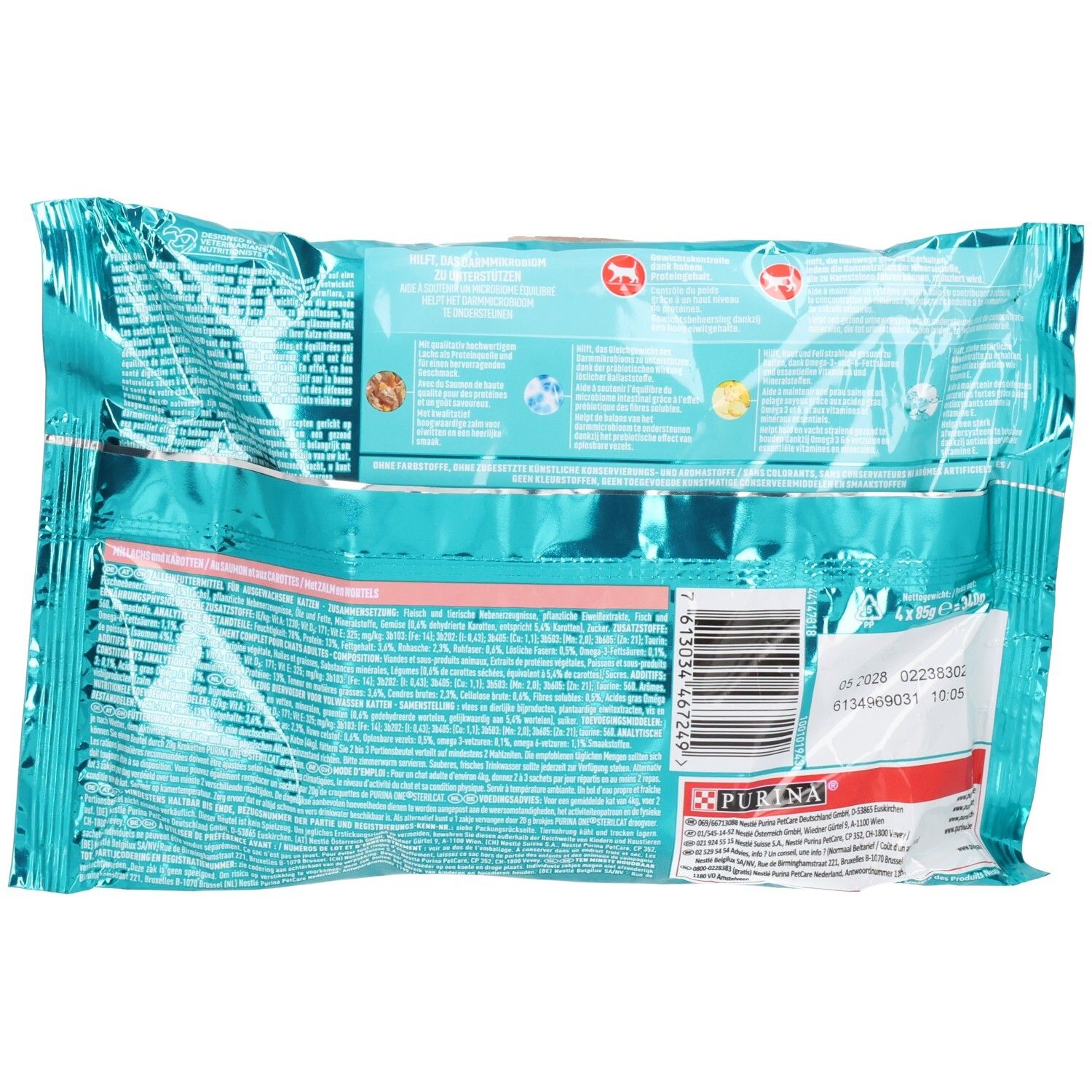 Achterkant van een Purina ONE Hydralife aanvullend diervoeder zakje. 6x 50g.