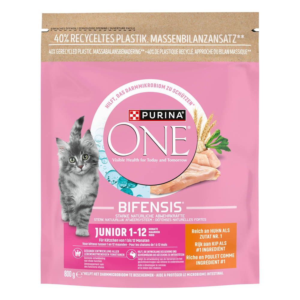 Purina ONE BIFENSIS Junior kattenvoer, 800g verpakking met afbeelding van kitten en kip.