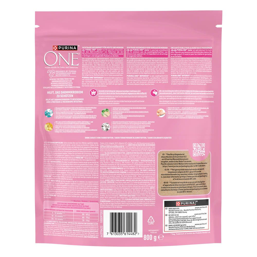 Purina One kattenvoer, 800g zak met gedetailleerde voedingswaarden en ingrediënten.