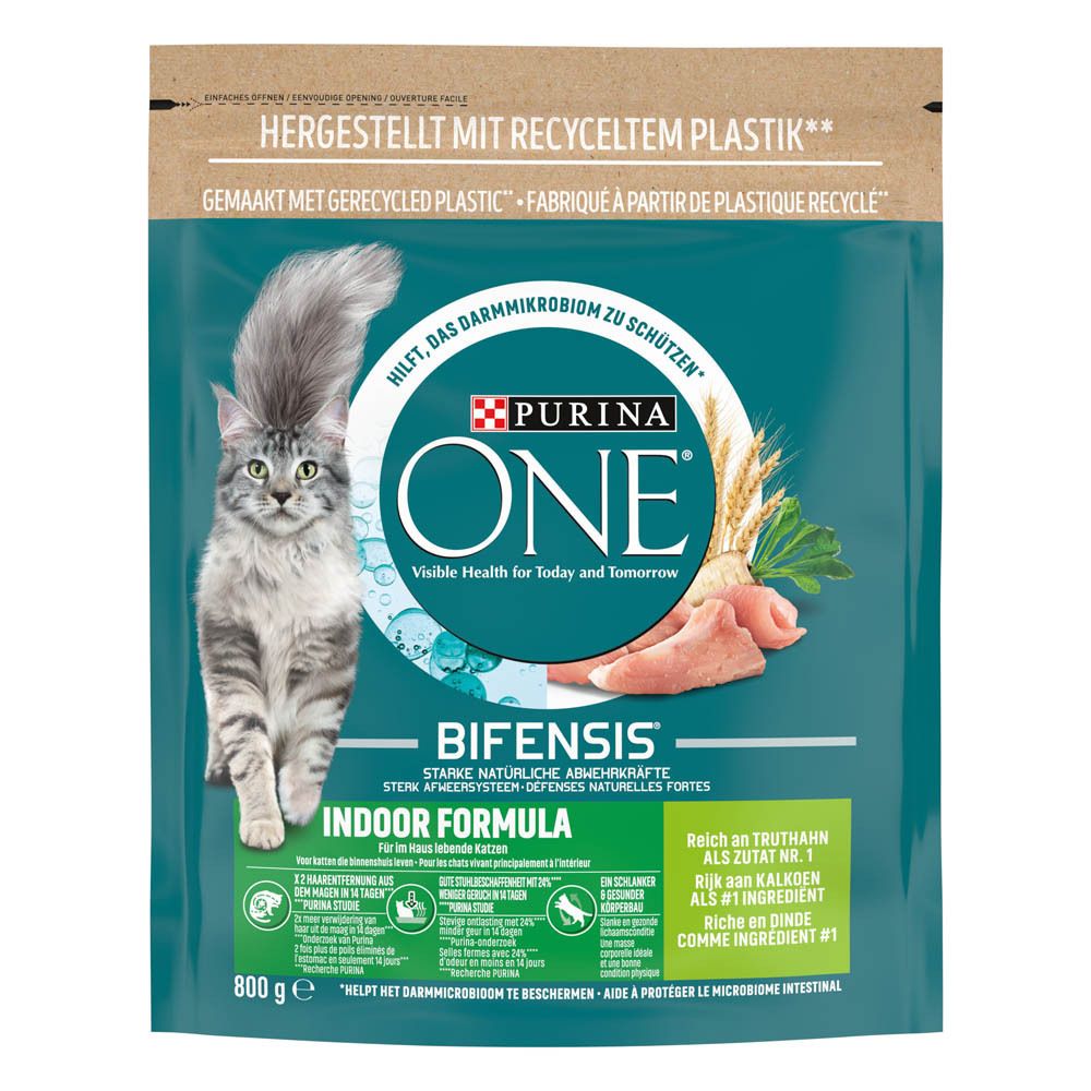 Sachet de nourriture pour chat Purina One Bifensis Indoor Formule au poulet, 800g. Sachet en plastique recyclé.