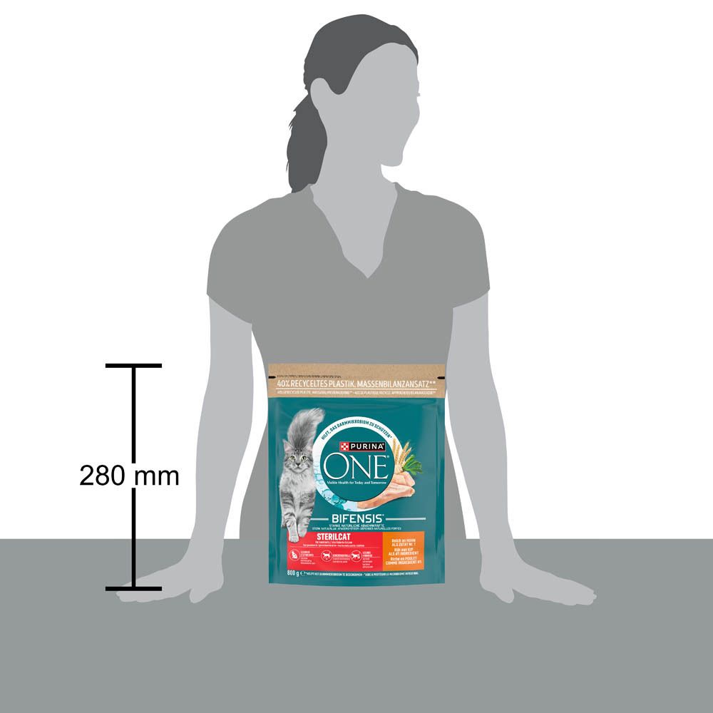 Purina One Sterilcat droogvoerzak met rundsmaak, 800g, 280mm hoog.