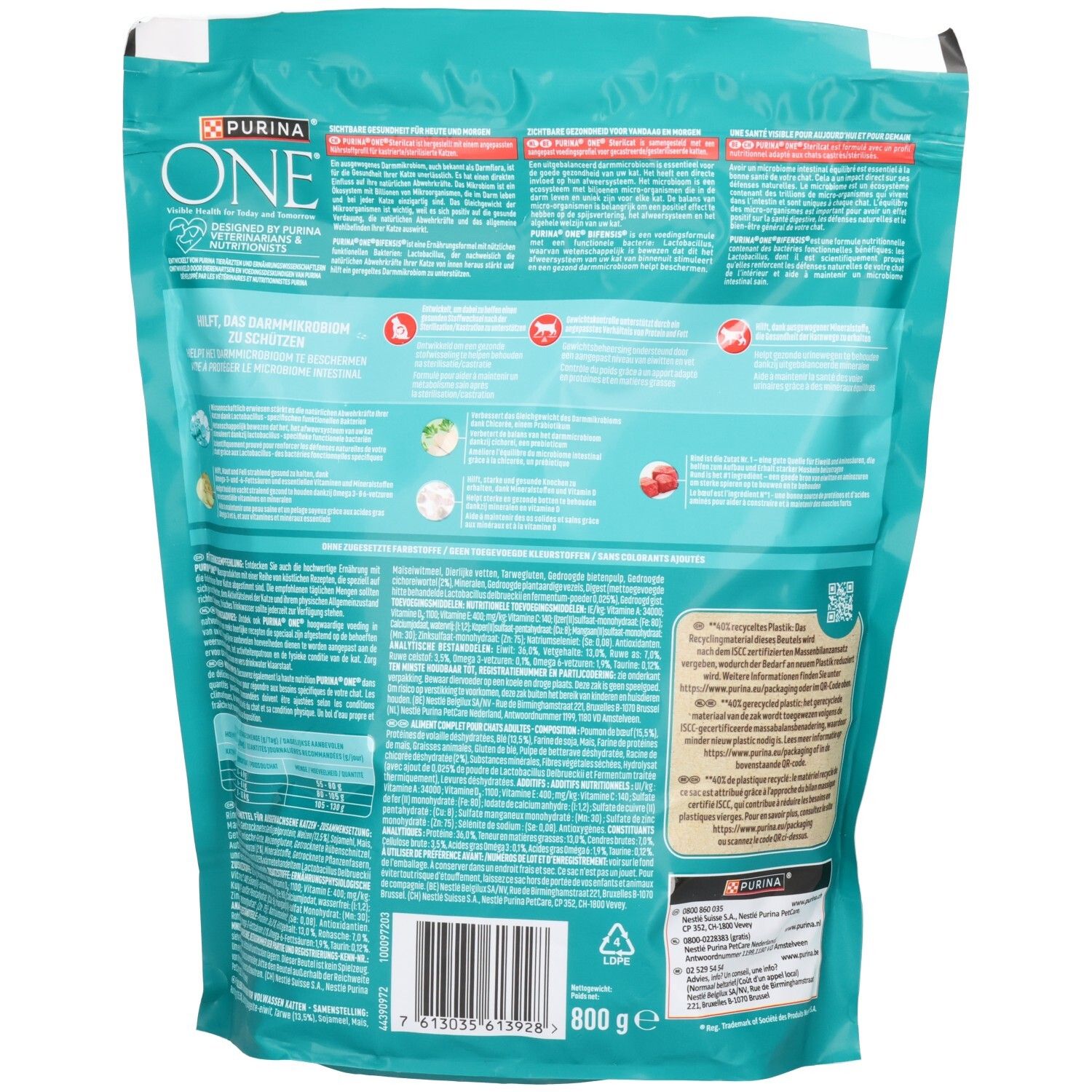 Arrière d'un sachet de nourriture Purina ONE Bifensis Sterilcat avec informations nutritionnelles et produit. 800g.
