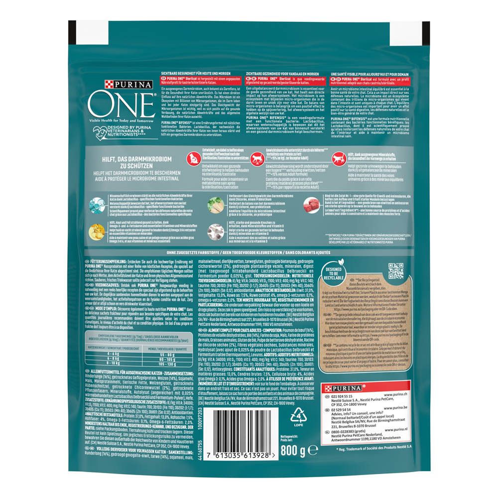 Arrière d'un sachet de croquettes Purina One Sterilcat pour chats.