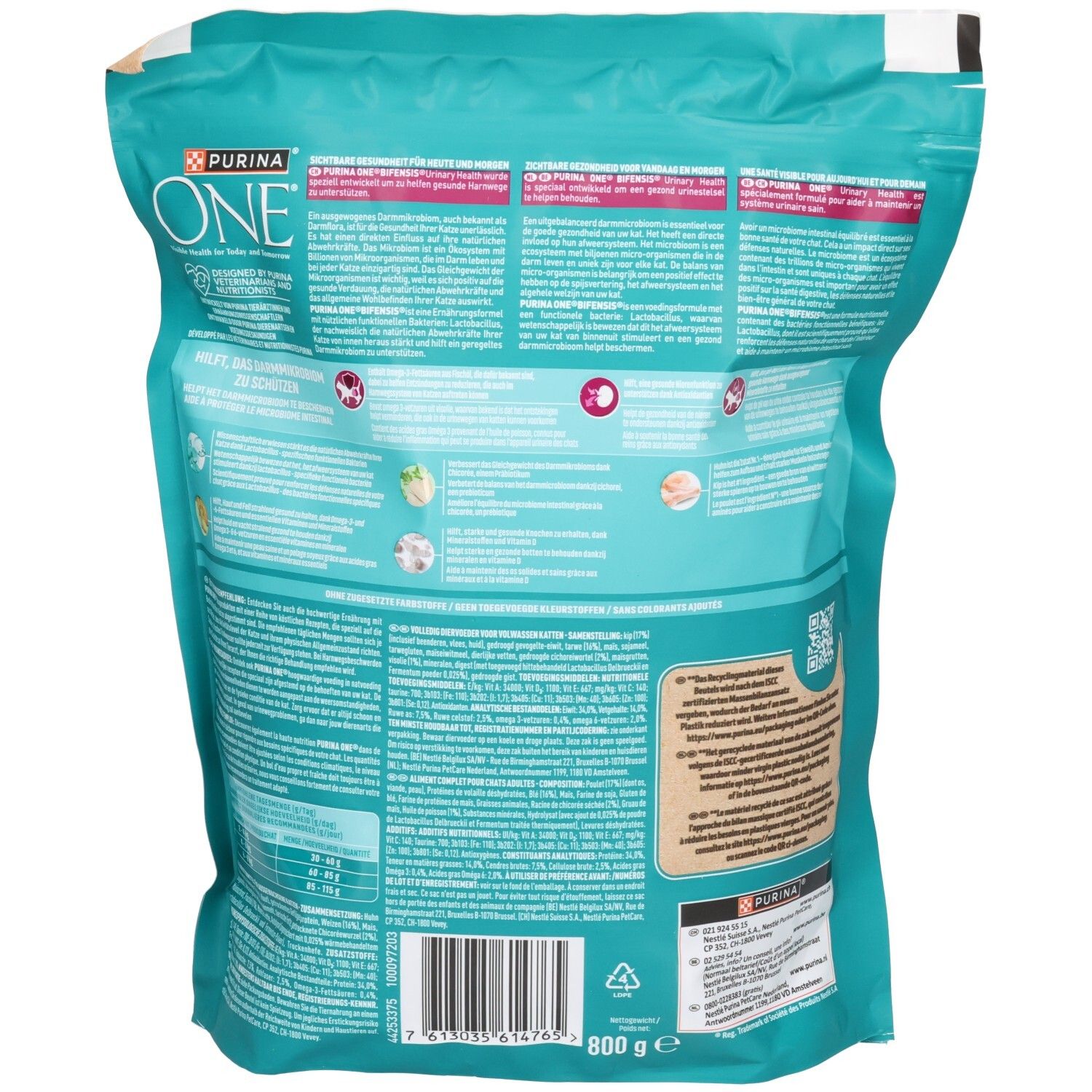 Dos de la pochette de nourriture pour chat Purina ONE Bifensis Urinary Health. Contient des informations nutritionnelles et des instructions.