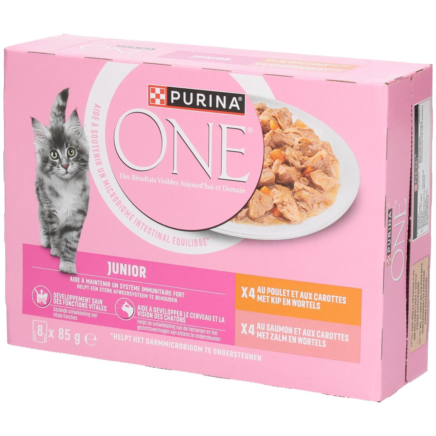 Nourriture pour chatons Purina One Junior, pack de 8x 85g au poulet et carottes ou saumon et carottes.