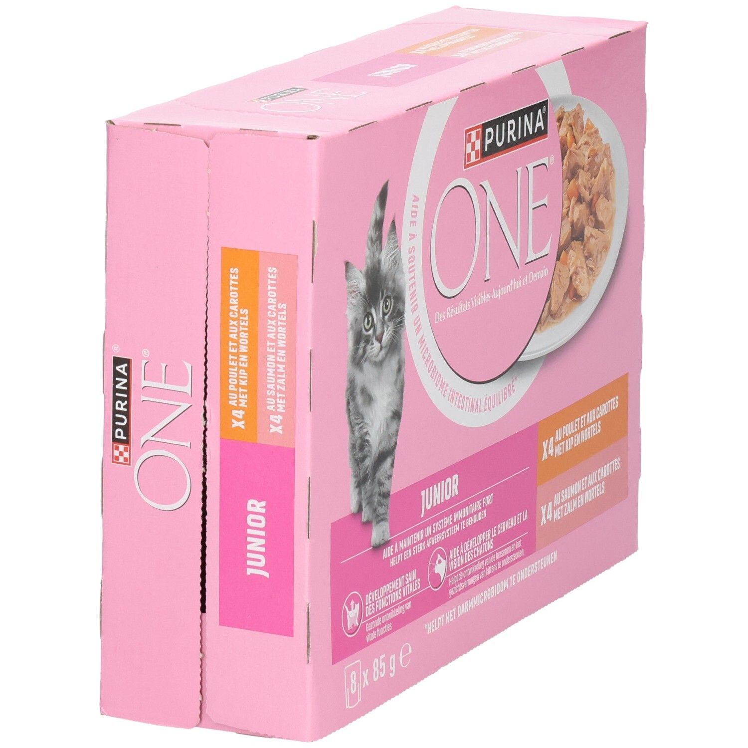Nourriture pour chatons Purina One Junior, pack de 8x 85g, vue latérale avec informations produit.