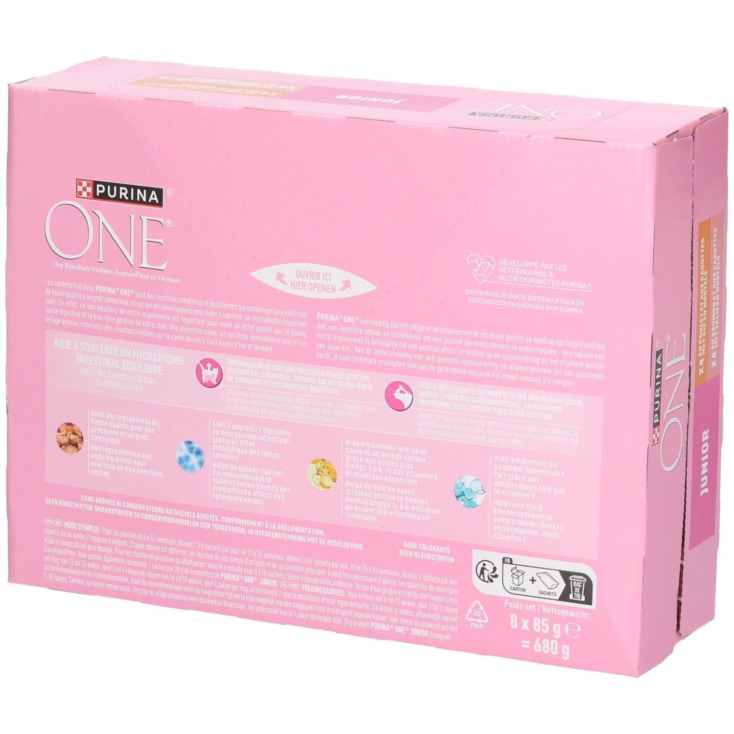Nourriture pour chatons Purina One Junior, dos du pack de 8x 85g avec informations détaillées et illustrations.