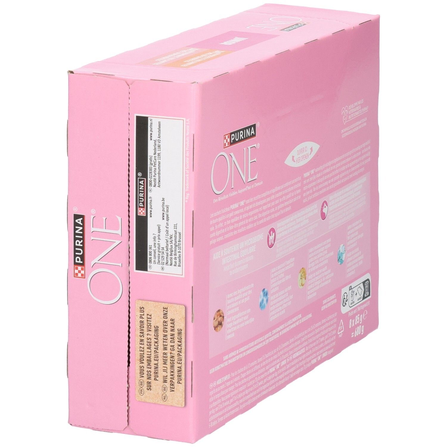 Nourriture pour chatons Purina One Junior, vue latérale du pack de 8x 85g avec logo de marque et nom du produit.
