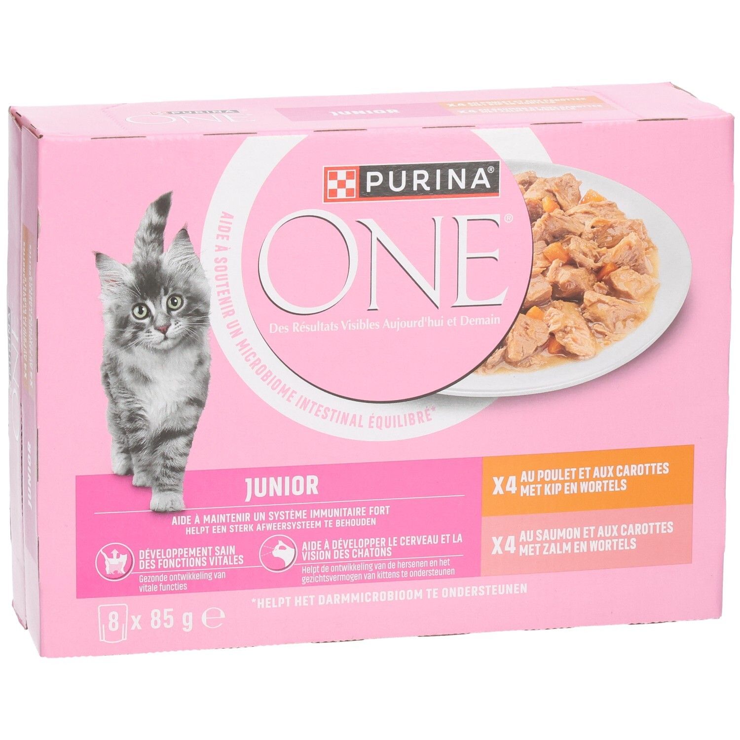 Nourriture pour chatons Purina One Junior, pack de 8x 85g au poulet et carottes ou saumon et carottes, légèrement en biais.