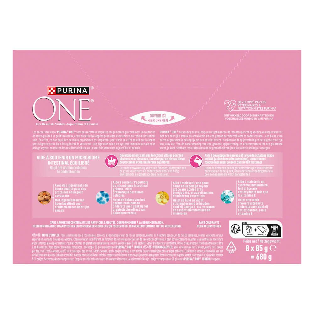 Purina One verpakking met 8 zakjes van 85g voor kattenvoer, gericht op ondersteuning van het microbioom.