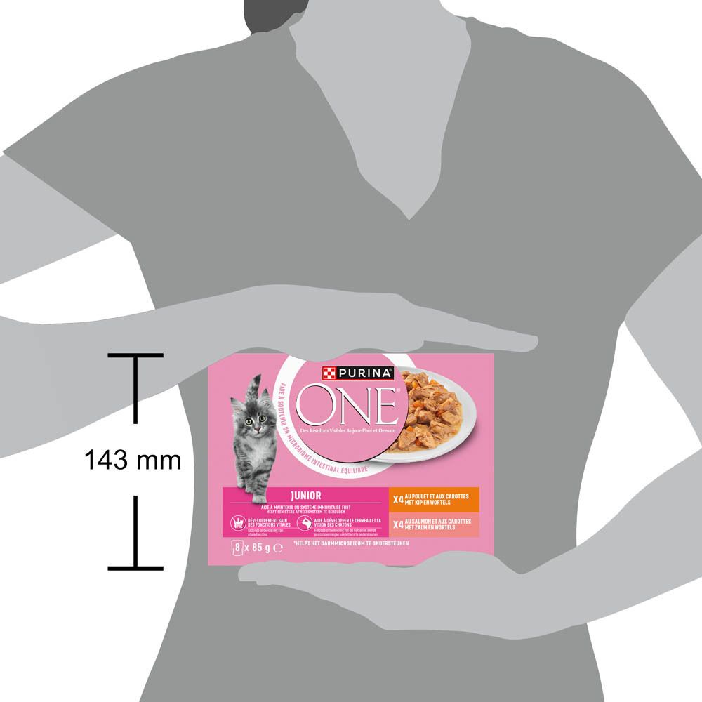 Purina One kittenvoer, verpakking van 4 x 85g, met kittenillustratie en foto van natvoer.
