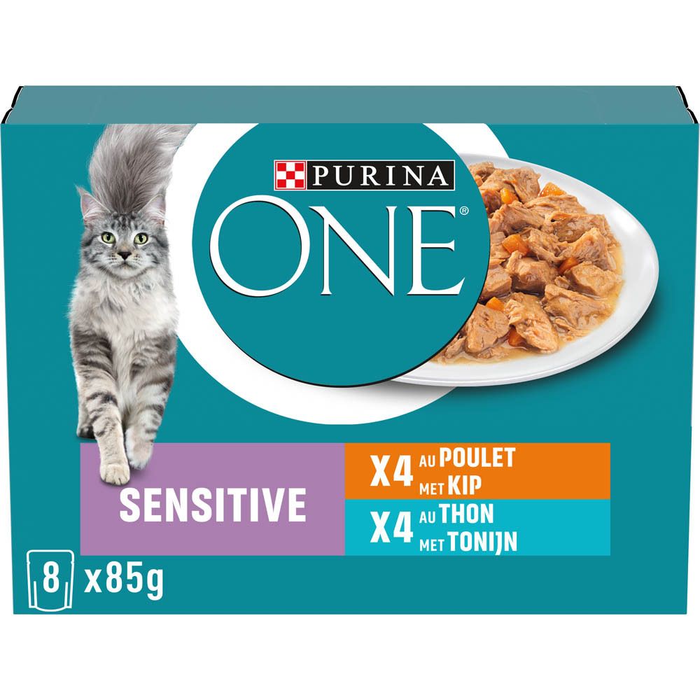 Boîte Purina ONE Sensitive pour chats au poulet et thon. 8x 85g.