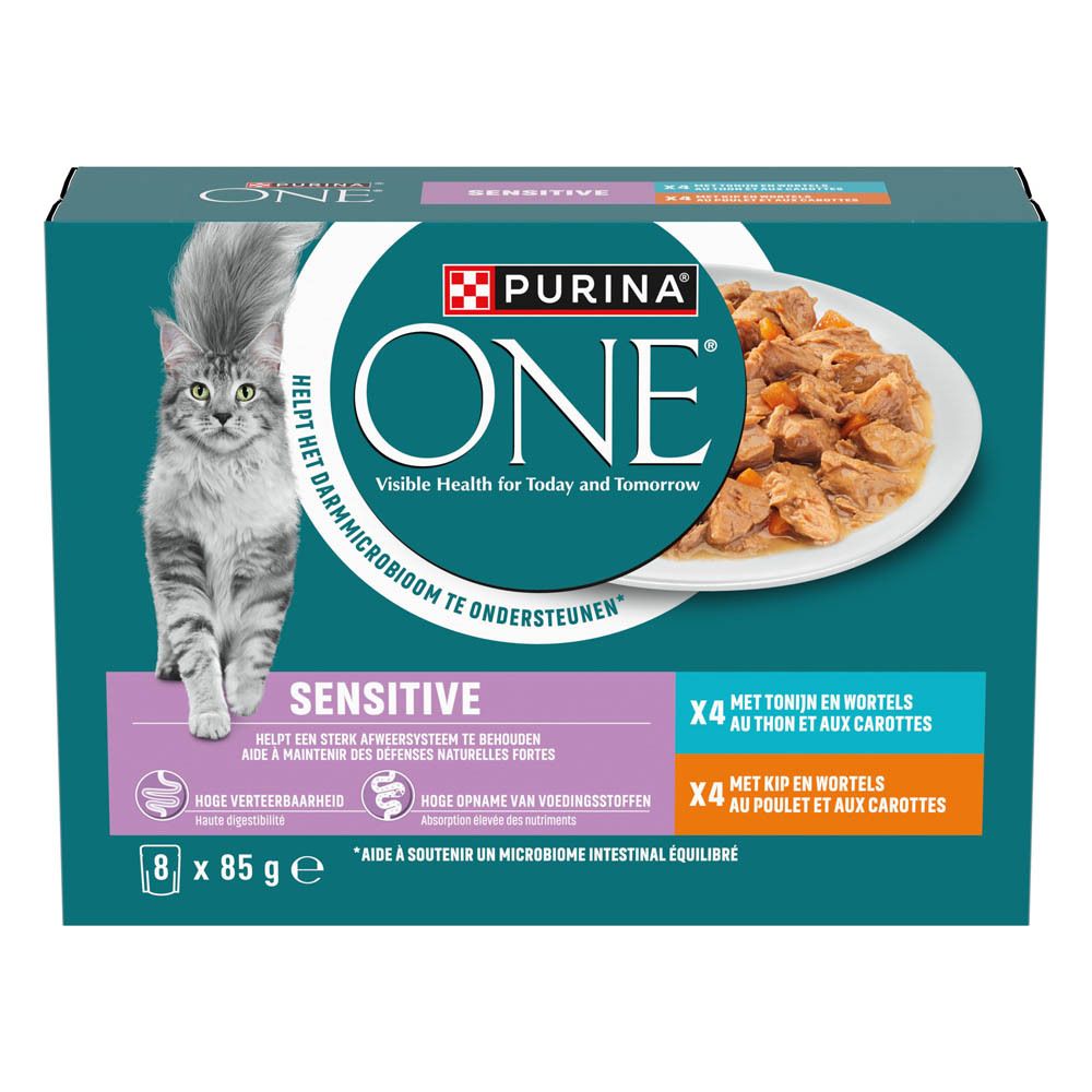 Purina ONE Sensitive kattenvoerdoos, zijaanzicht. 8x 85g.