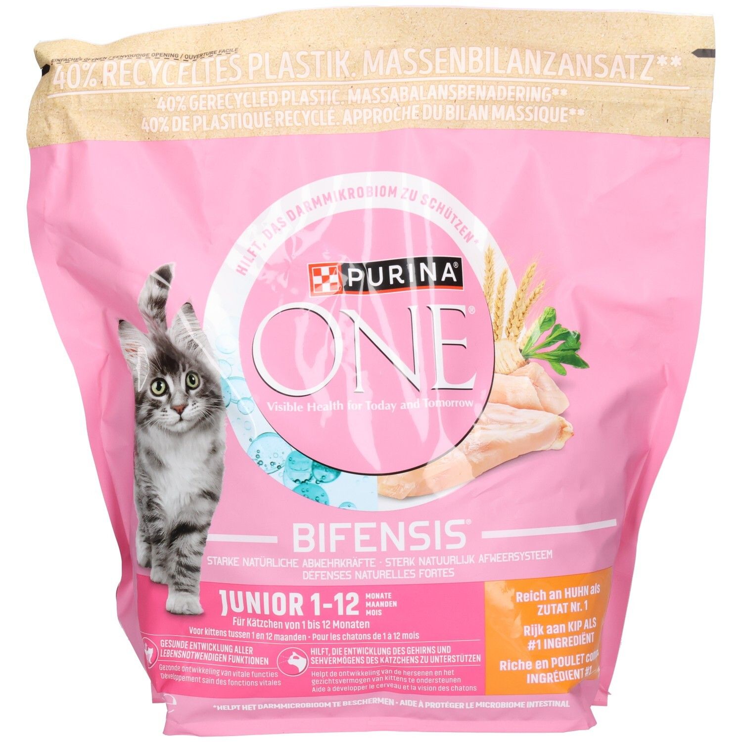 Roze verpakking Purina One Bifensis Junior kattenvoer met kittenillustratie en kipafbeelding.