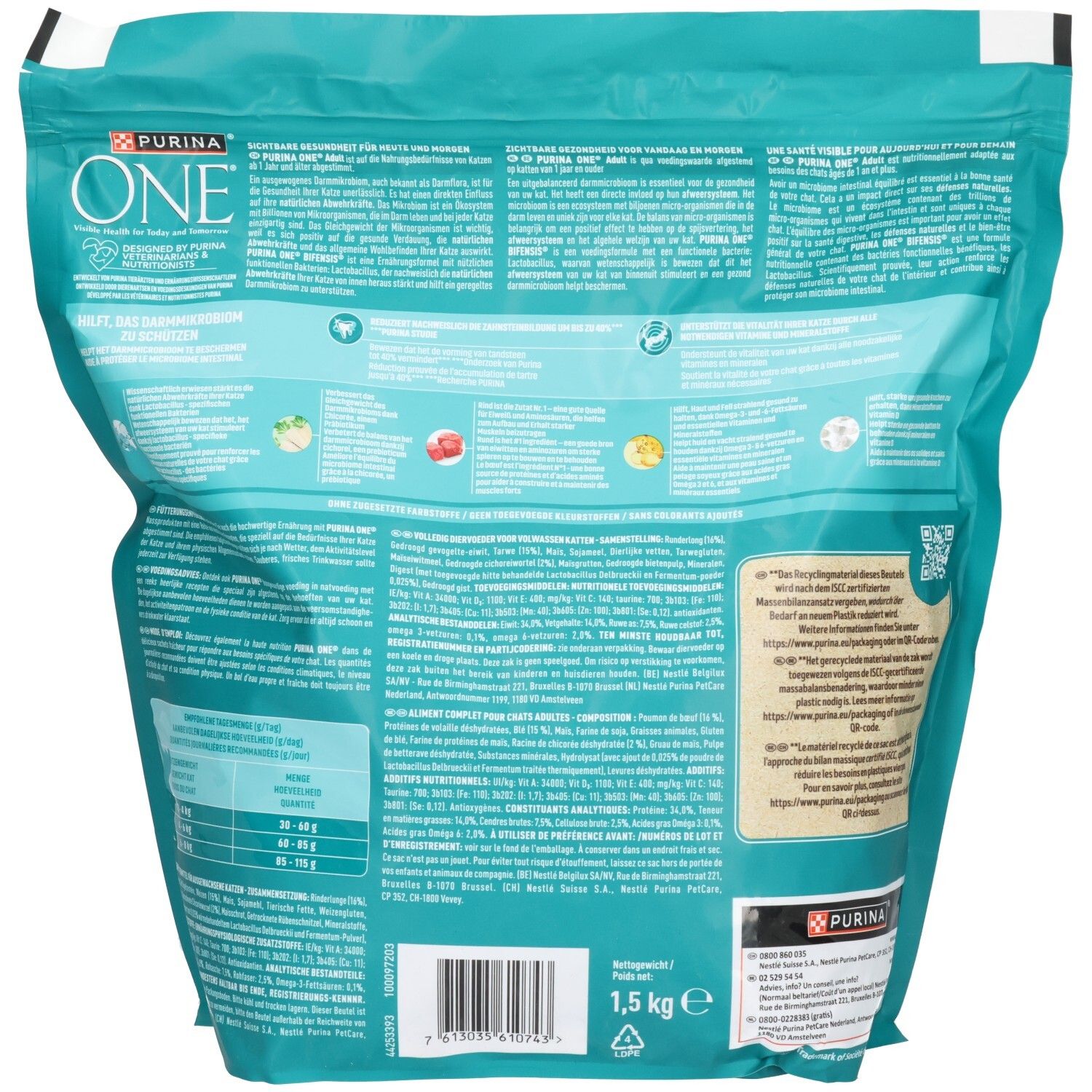 Dos du sac de nourriture pour chats Purina ONE BIFENSIS Adult avec informations nutritionnelles et ingrédients. 1,5 kg.