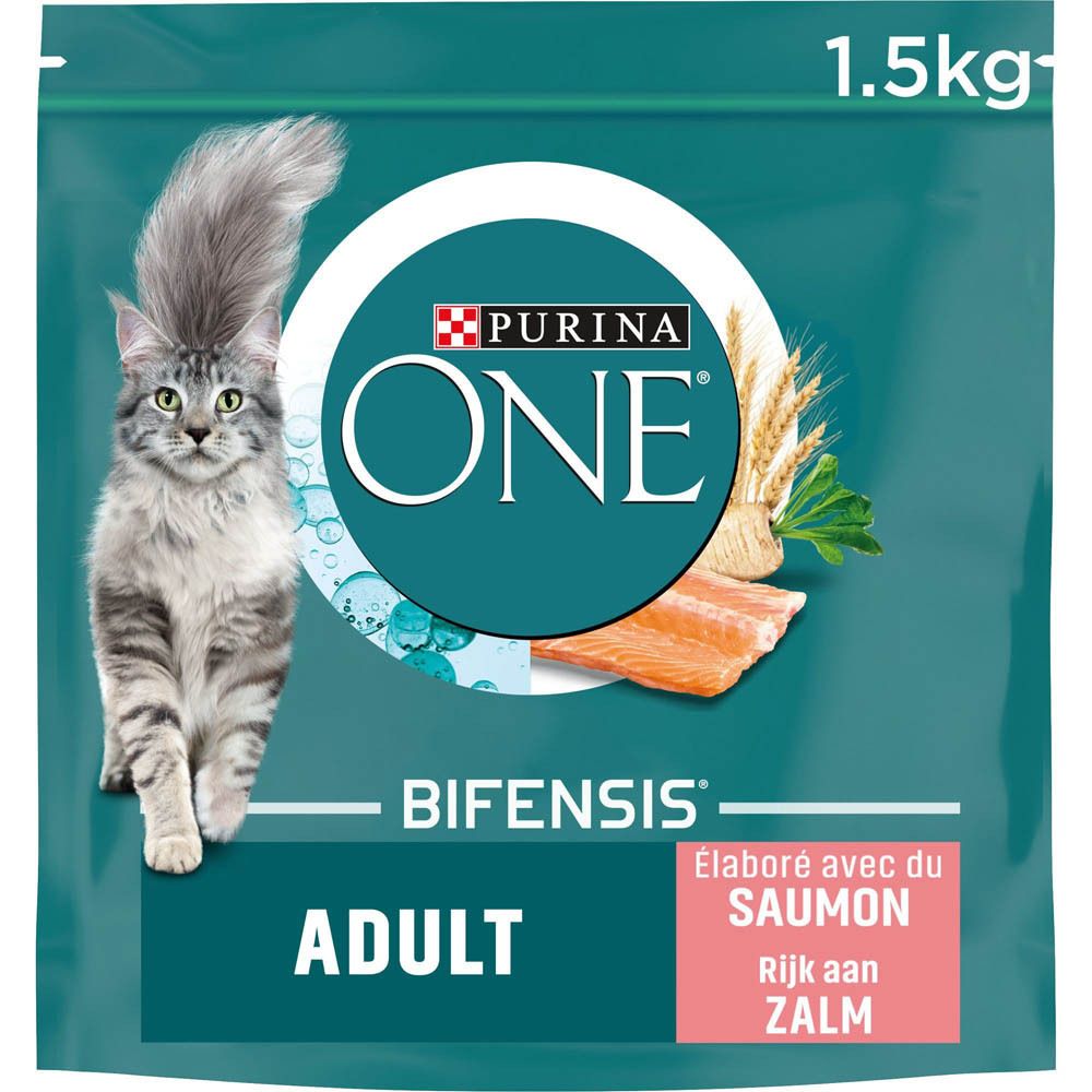 Nourriture pour chats Purina ONE BIFENSIS Adulte au saumon, sac de 1,5 kg avec illustration de chat et de saumon.