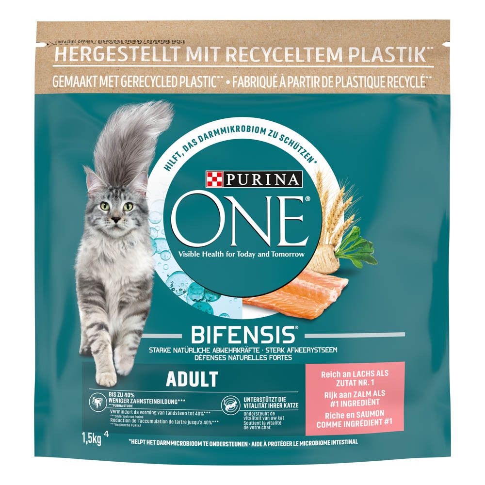 Purina ONE BIFENSIS Adult kattenvoer met zalm, 1,5kg zak. Gemaakt van gerecycled plastic.