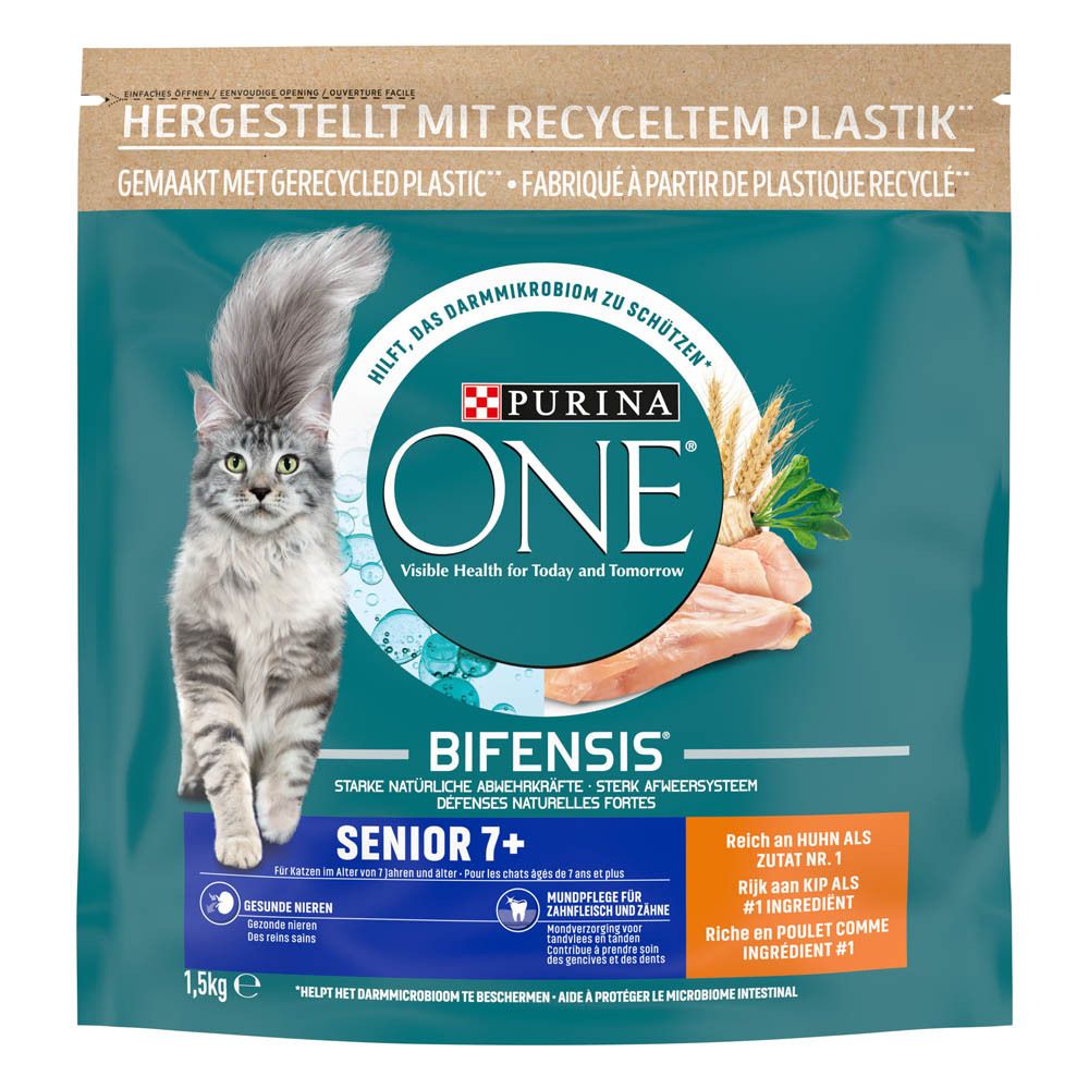 Purina One Bifensis Senior 7+ kattenvoer, 1,5kg zak met afbeelding van kat en kip.