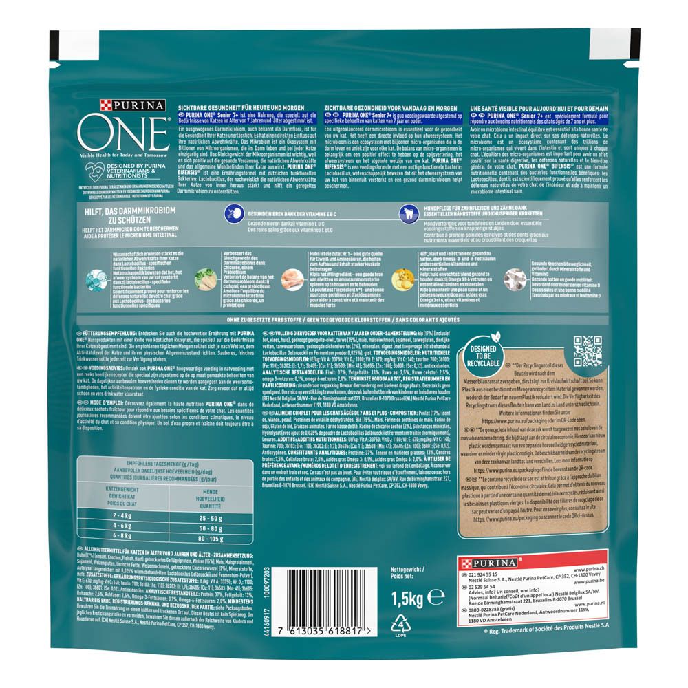 Dos d'un paquet de 1,5 kg de nourriture pour chat Purina ONE Senior 7+ avec informations détaillées et valeurs nutritionnelles.