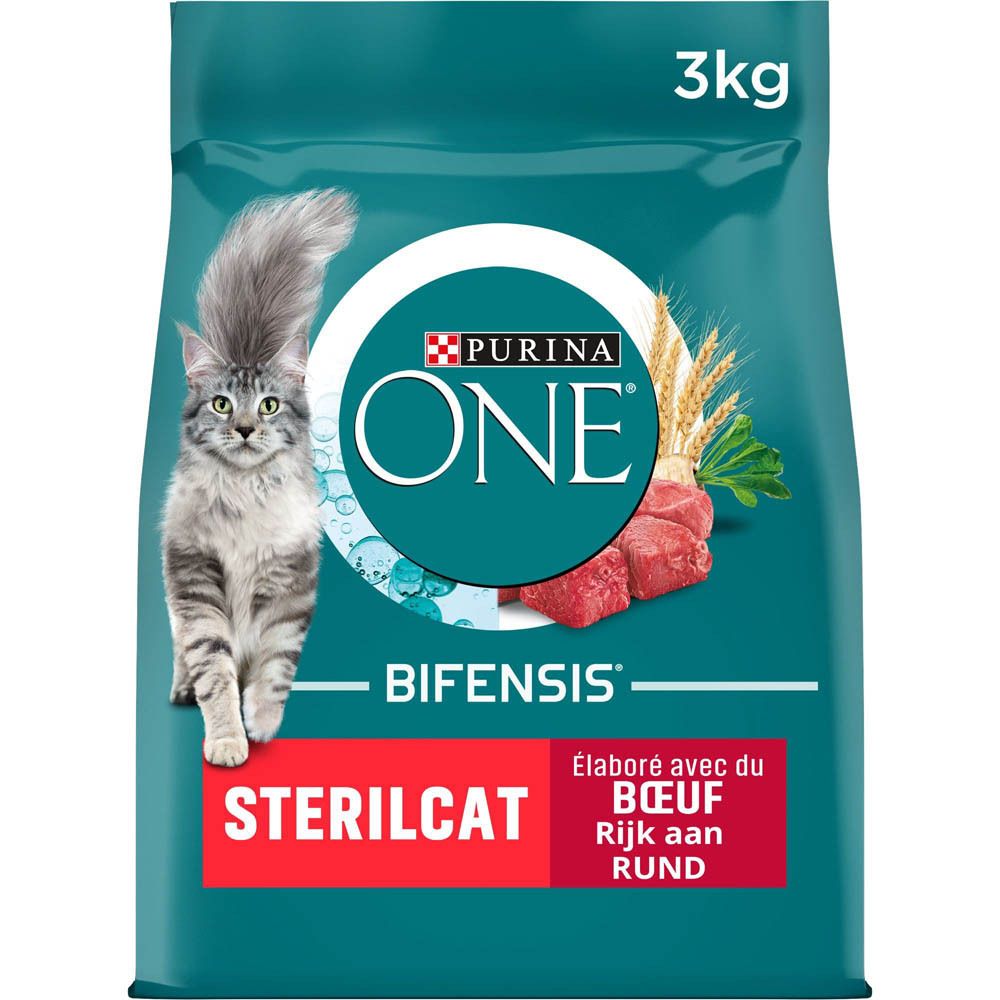 Purina One Sterilcat droogvoer voor katten, 3kg zak met rundvlees.