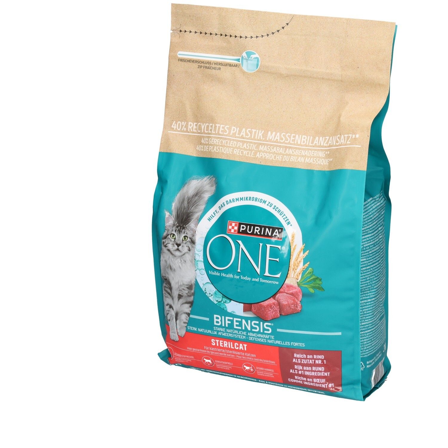 Sacs de croquettes Purina ONE Sterilcat pour chats, 3kg, avec illustration de chat et informations produit.