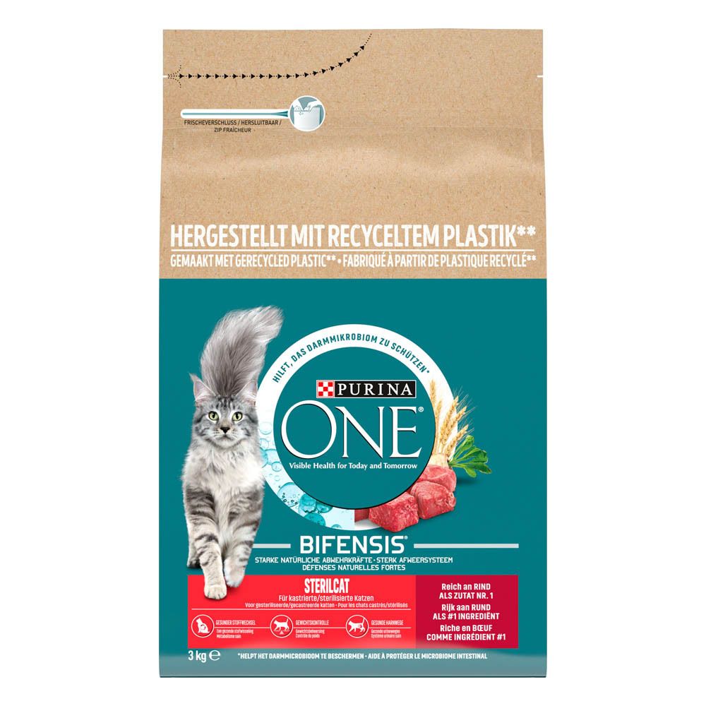Purina One Bifensis kattenvoer, Sterilcat, rund, 3kg zak. Met kat en vleesafbeelding.