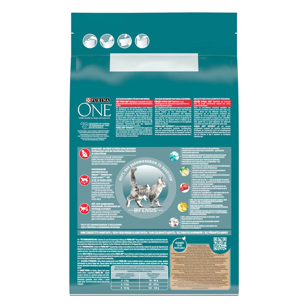 Arrière d'un sac de 7,5 kg de nourriture pour chats Purina ONE BIFENSIS Adult avec informations.