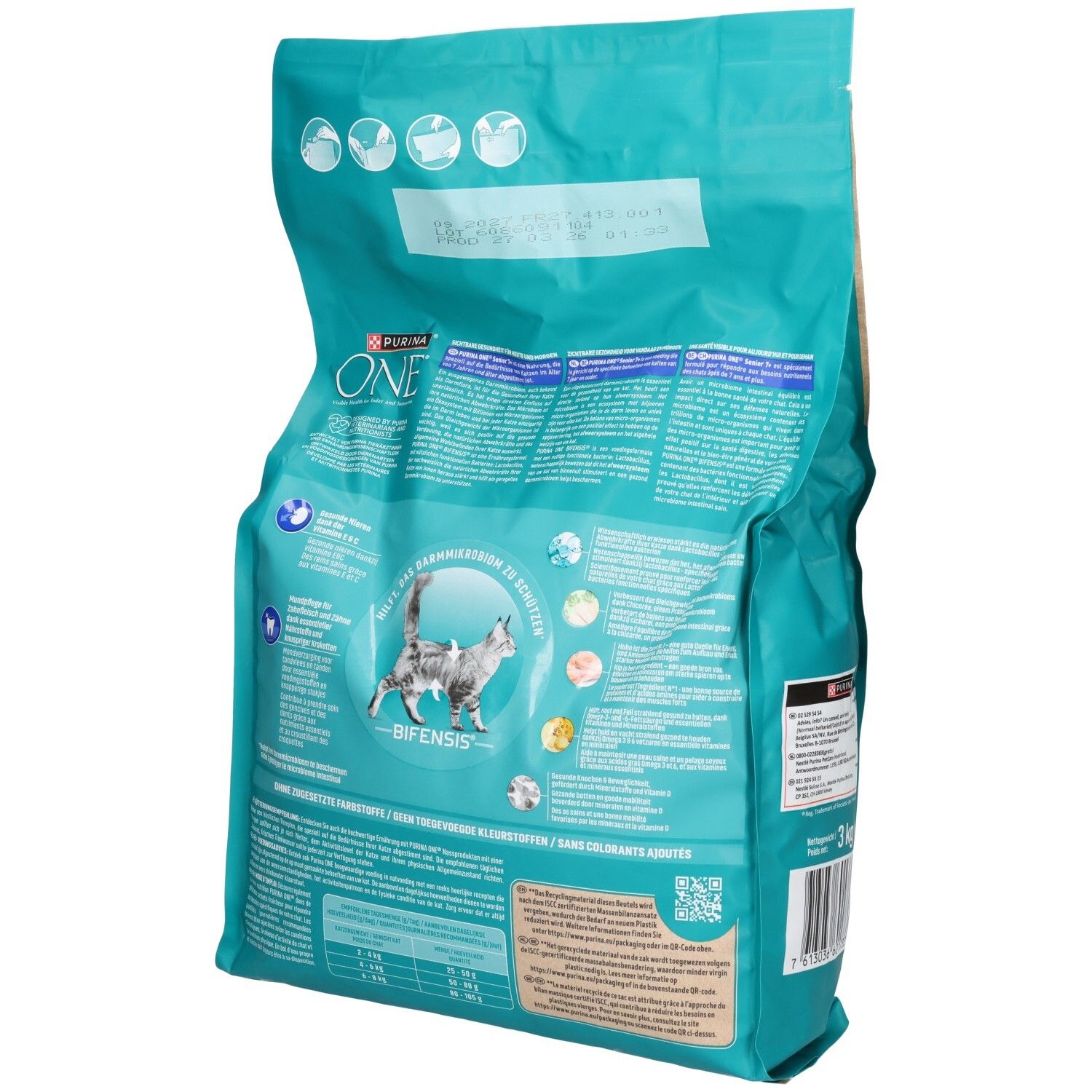 Arrière d'un sac de 3 kg de nourriture pour chats Purina ONE Bifensis Senior 7+.