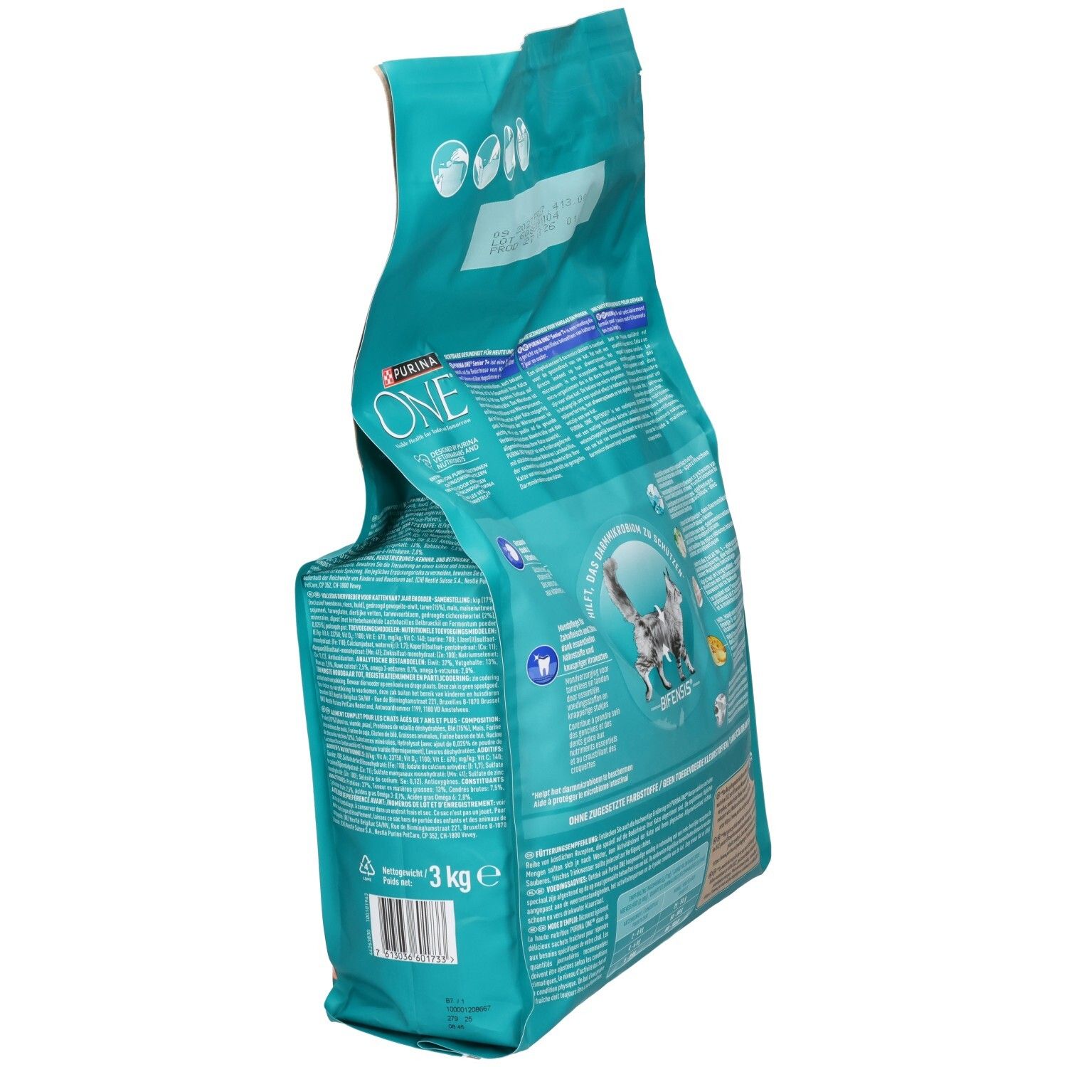 Sacs de 3 kg de nourriture pour chats Purina ONE Bifensis Senior 7+, vue arrière oblique.