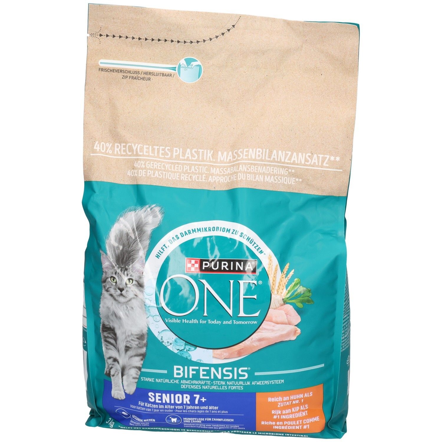 Sacs de 3 kg de nourriture pour chats Purina ONE Bifensis Senior 7+, vue de face.