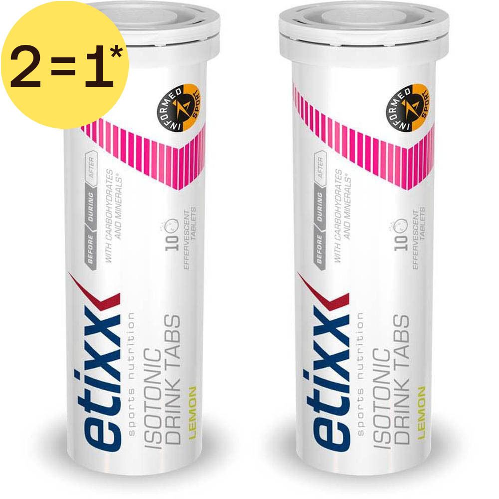 Twee tubes Etixx Isotonic Drink Tabs Citroen met elk 10 bruistabletten. Informed-Sport gecertificeerd.