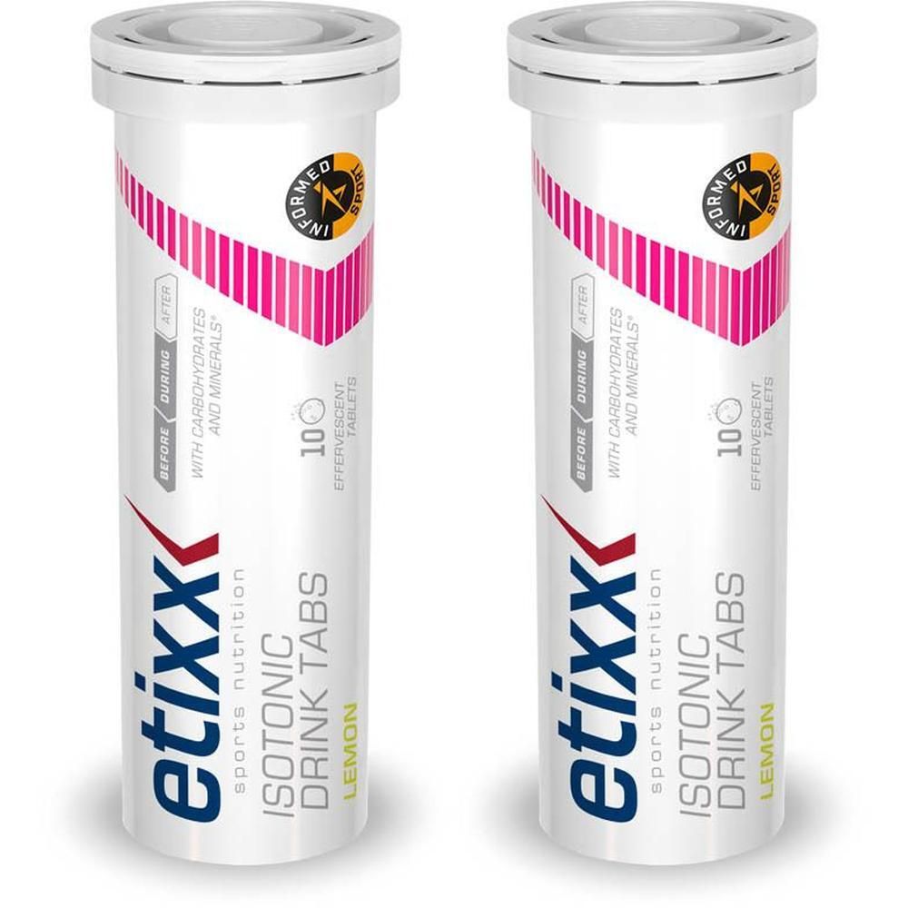 Twee tubes Etixx Isotonic Drink Tabs Citroen met elk 10 bruistabletten. Informed-Sport gecertificeerd.