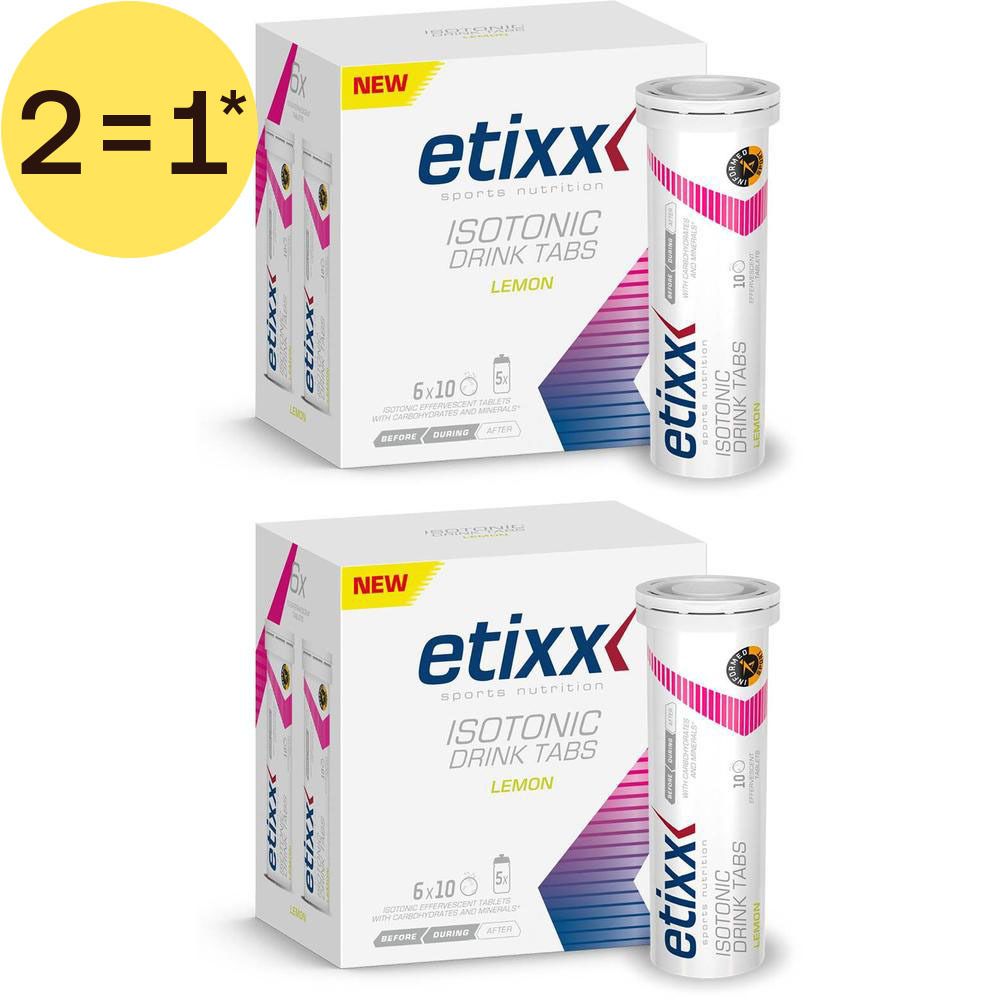 Twee pakken Etixx Isotonic Drink Tabs Citroen met elk een tube van 10 tabletten.
