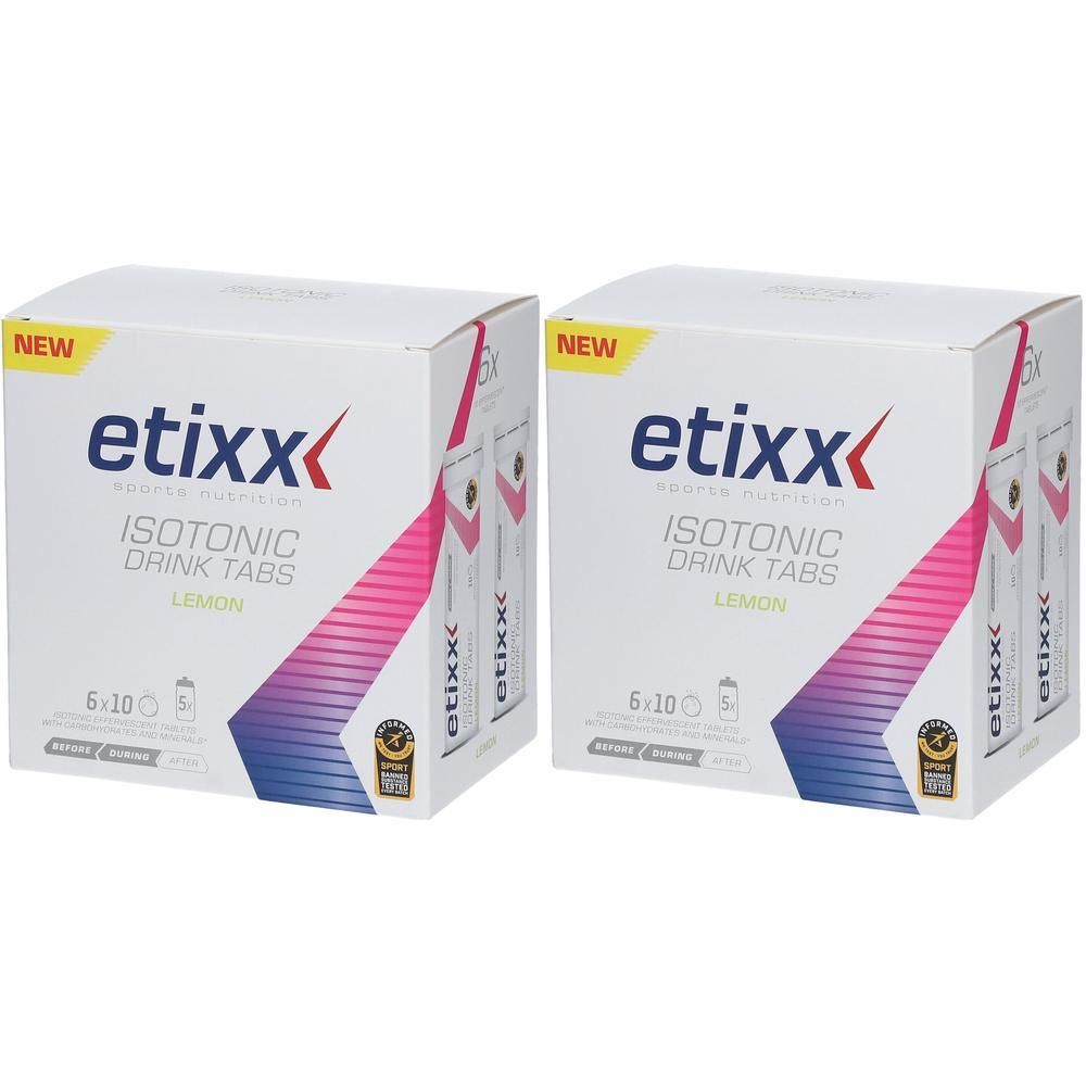 Twee pakken Etixx Isotonic Drink Tabs Citroen, elk 6x10 tabletten.