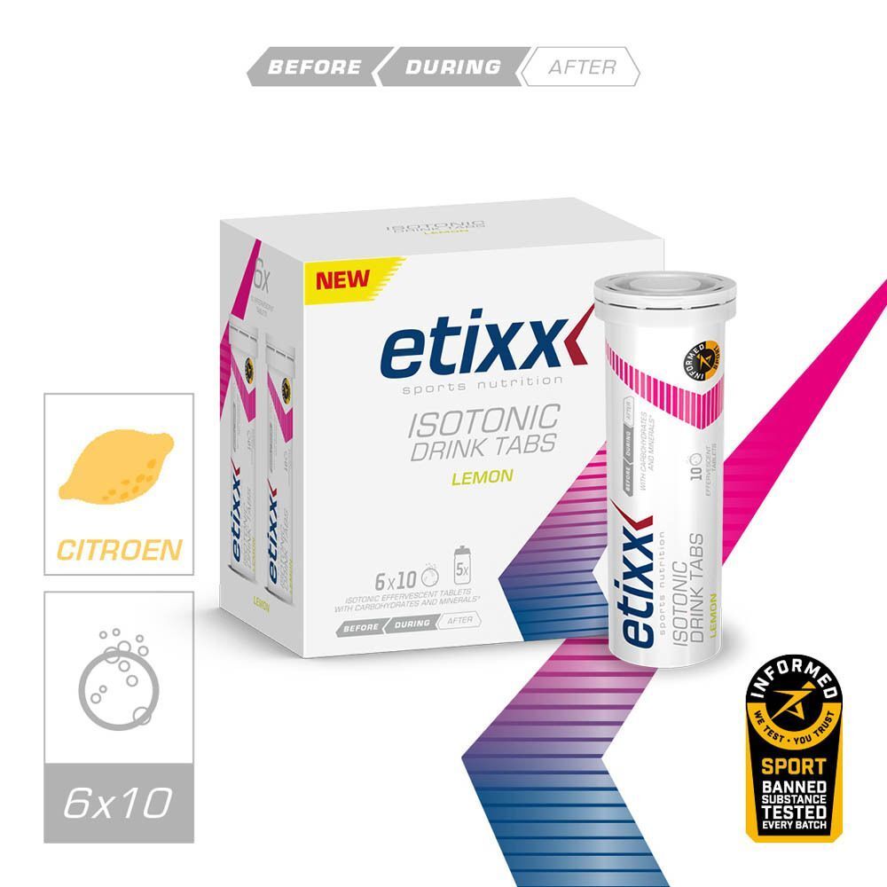 Twee pakken Etixx Isotonic Drink Tabs Citroen met elk een tube.