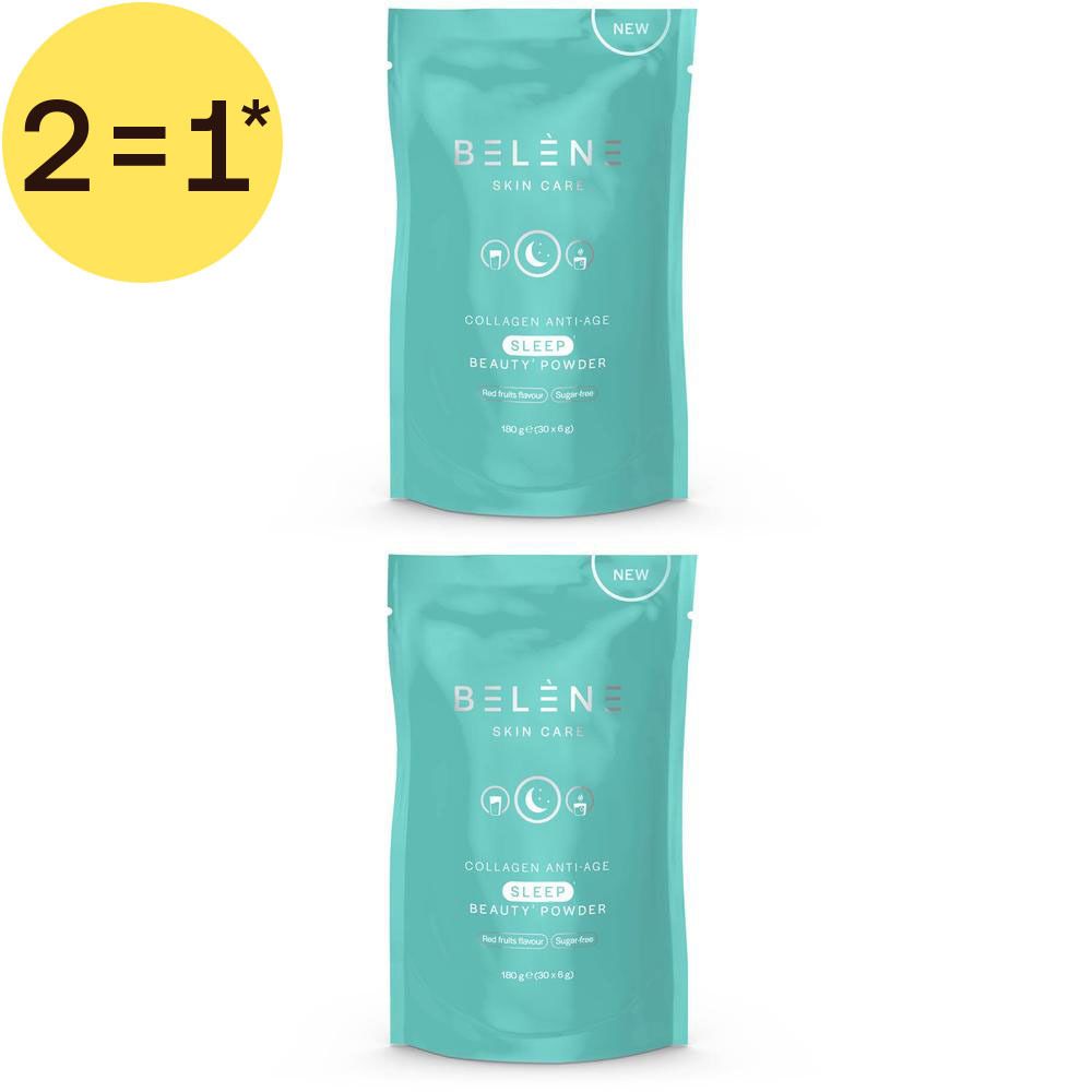 Deux sachets de Bélène Collagen Anti-Age Sleep Beauty Powder turquoise. "2=1" autocollant à gauche.