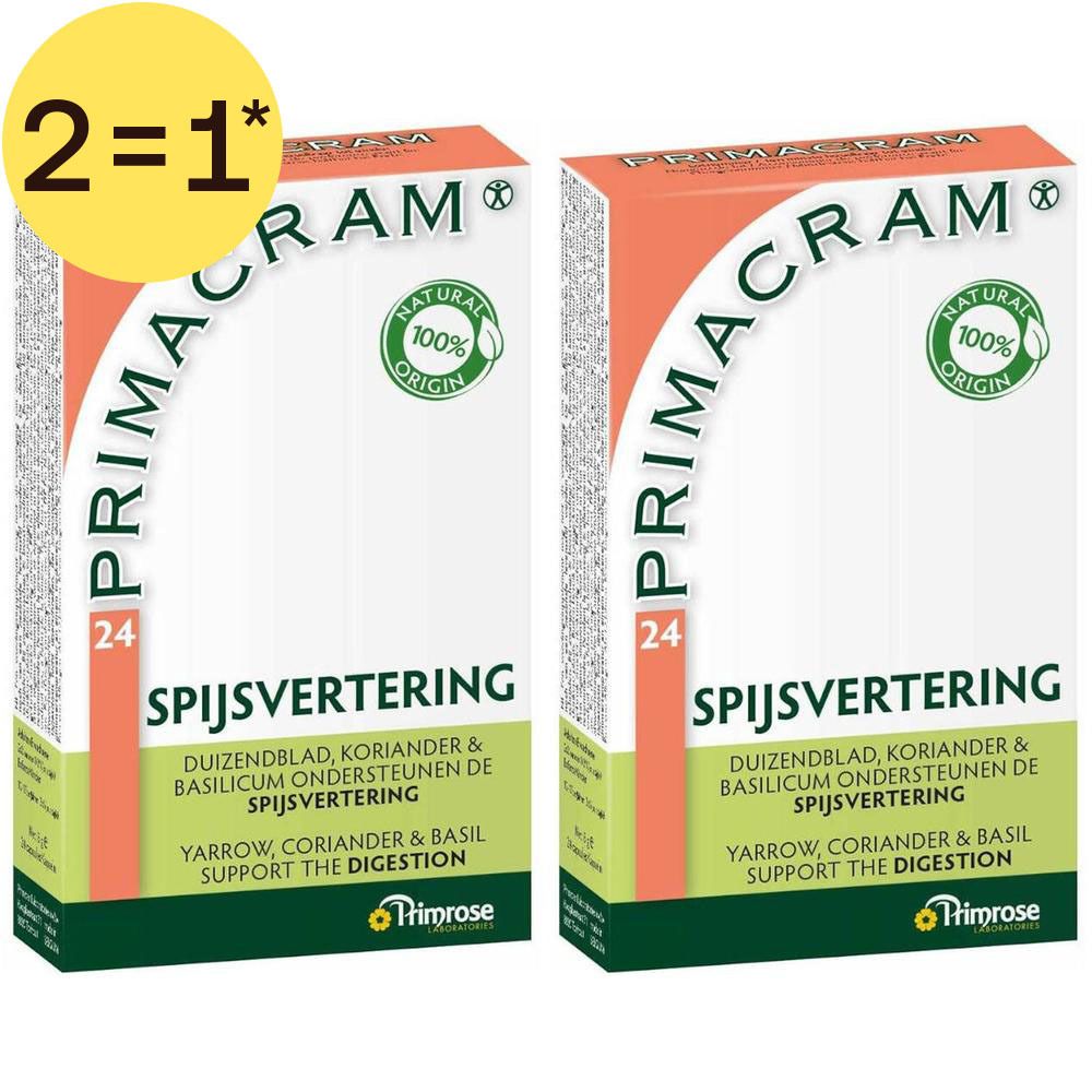 Twee verpakkingen Primacram voor de spijsvertering. Bevat 24 capsules. Natuurlijke oorsprong. Aanbieding 2=1.