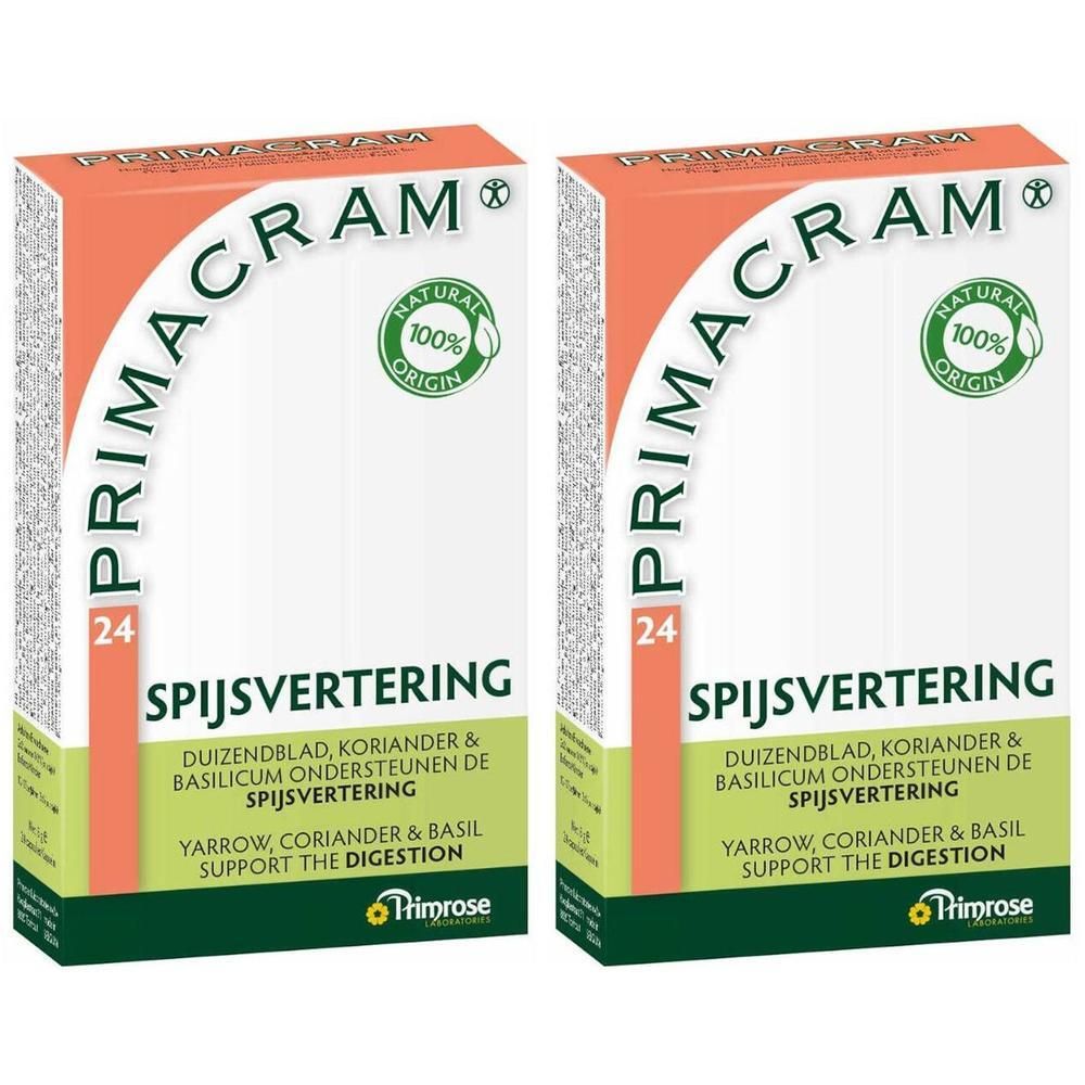 Twee pakken Primacram voor spijsvertering, 24 stuks per pak. Bevat duizendblad, koriander & basilicum.