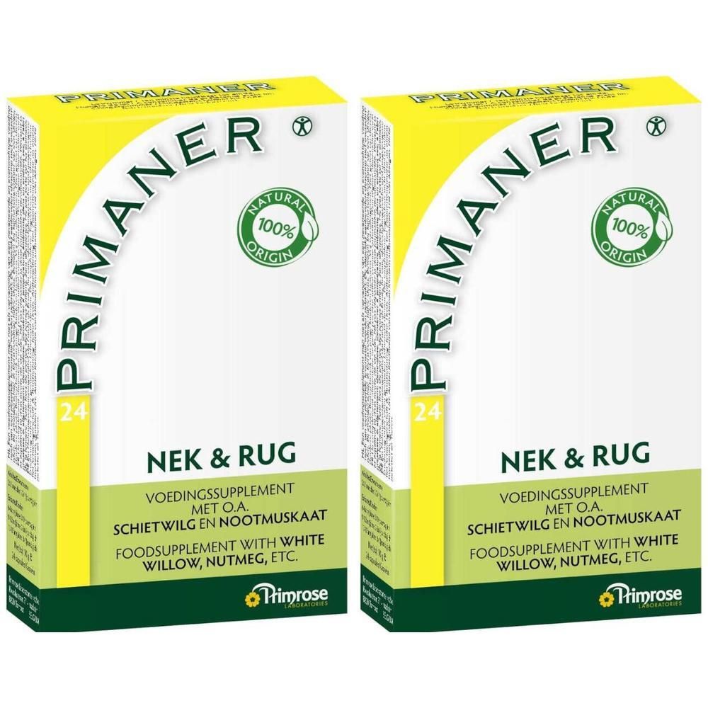 Deux boîtes de Primaner Nek & Rug, complément alimentaire d'origine 100% naturelle.
