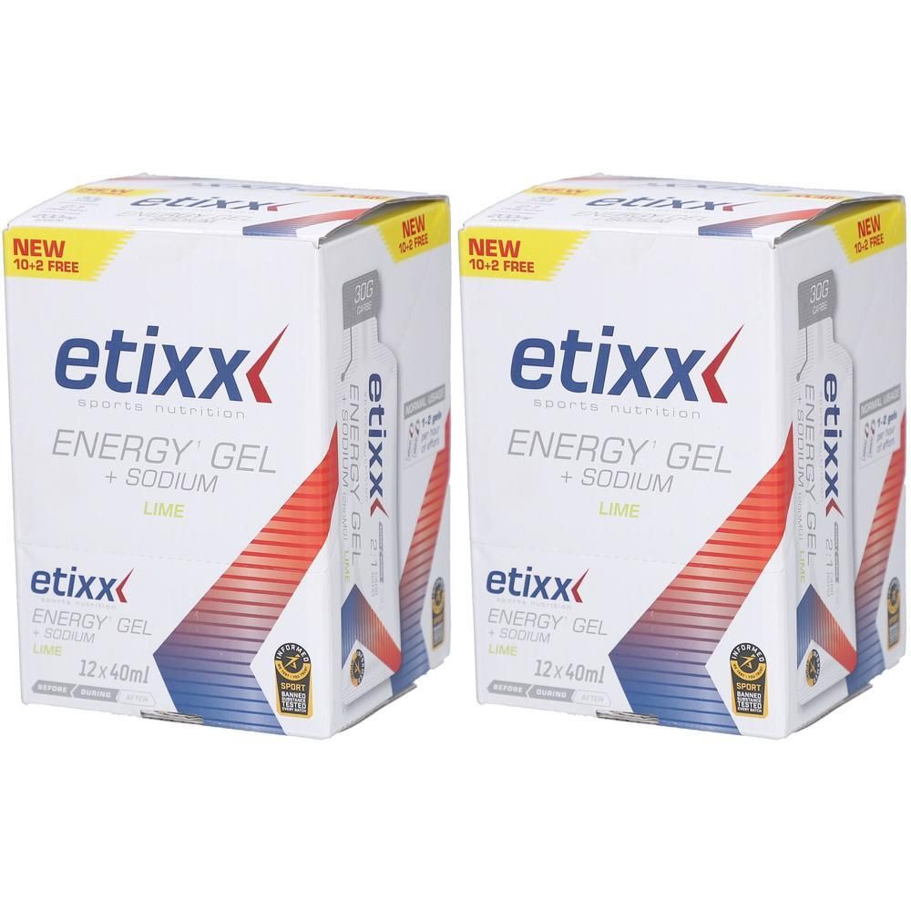 Twee pakken Etixx Energy Gel + Natrium, limoensmaak, 12x40ml.
