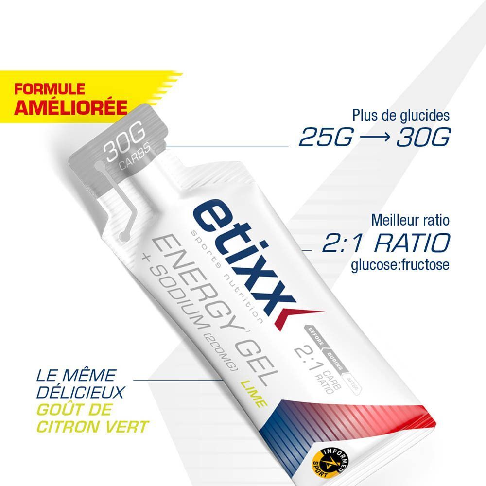 Gel énergétique Etixx + Sodium Citron Vert : 30g glucides, 200mg sodium, ratio 2:1 glucose:fructose.