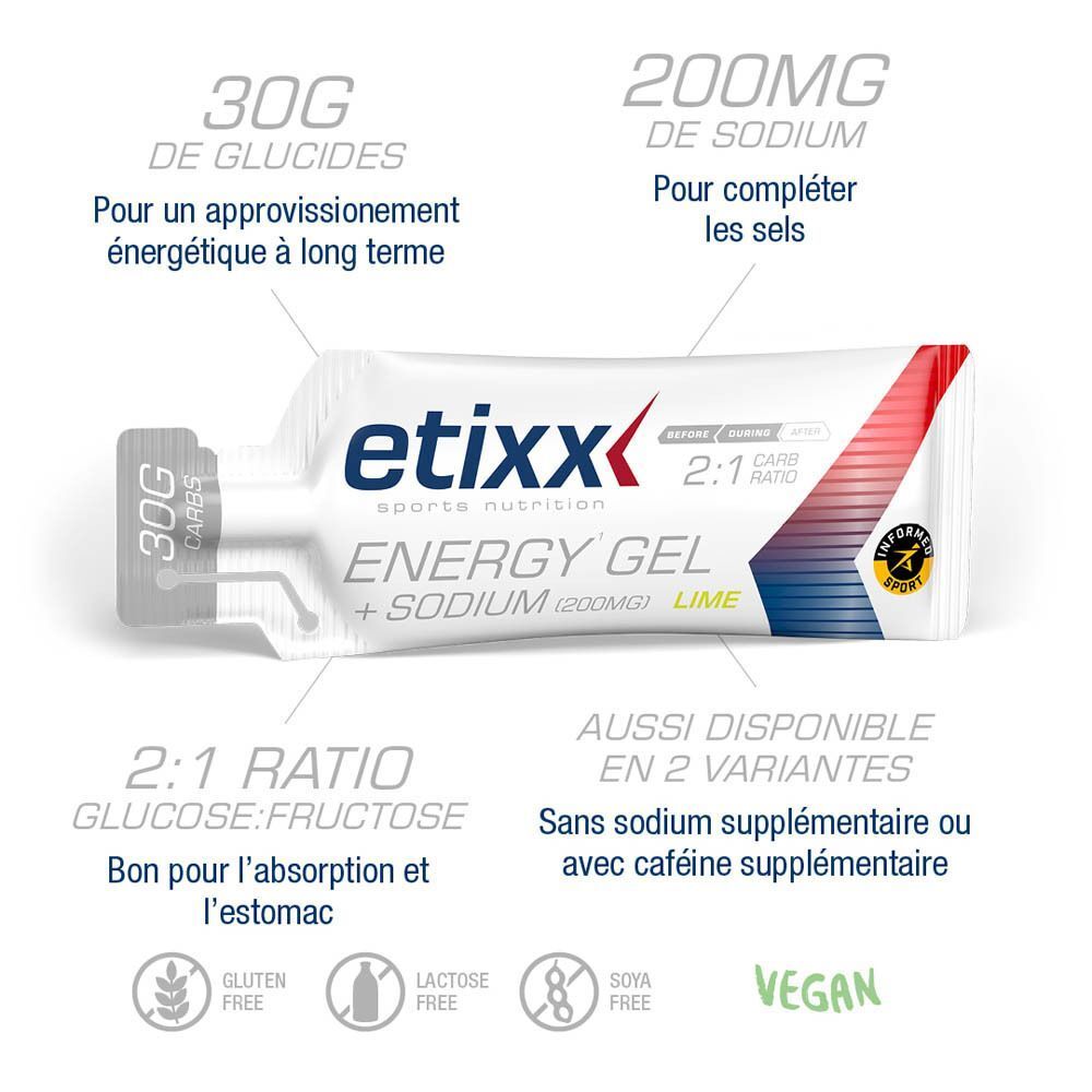 Gel énergétique Etixx + Sodium Citron Vert : informations nutritionnelles, 30g glucides, 0,50g sel.