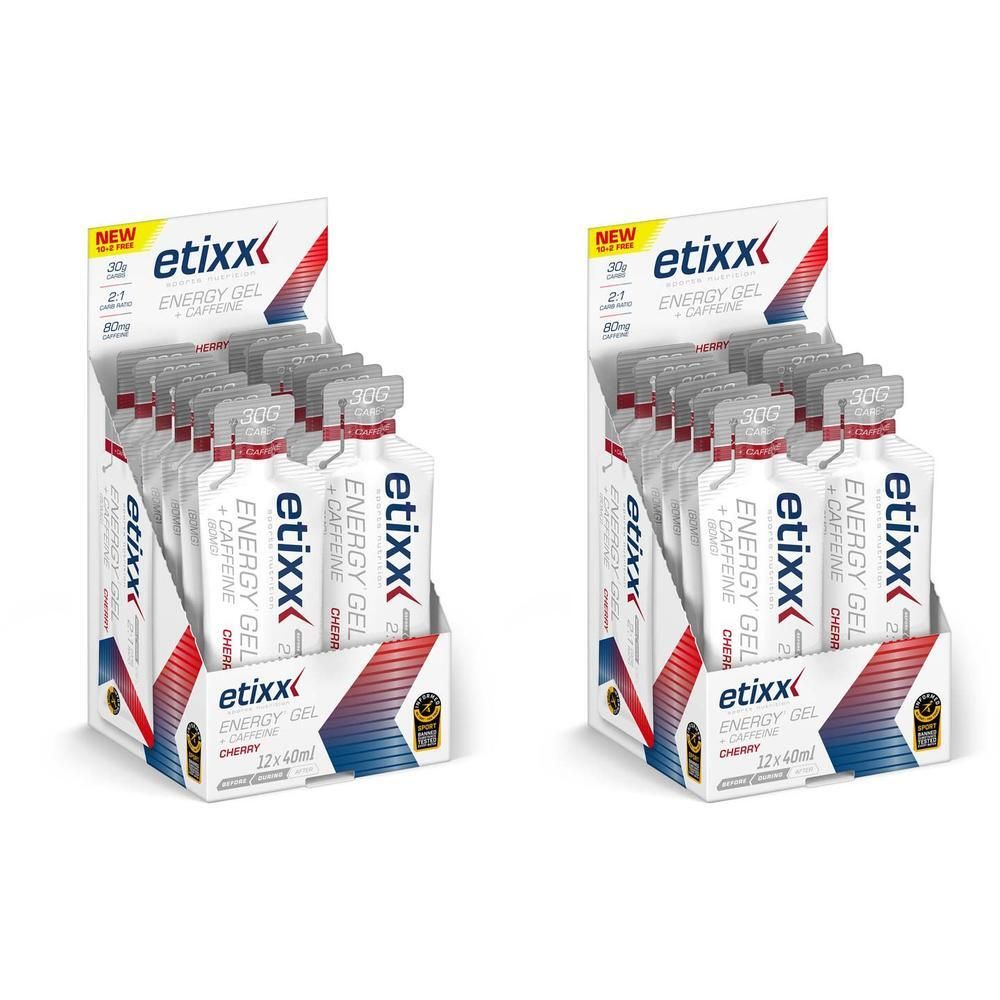 Deux boîtes d'Etixx Energy Gel Caféine-Cerise, 12x40ml chacune.