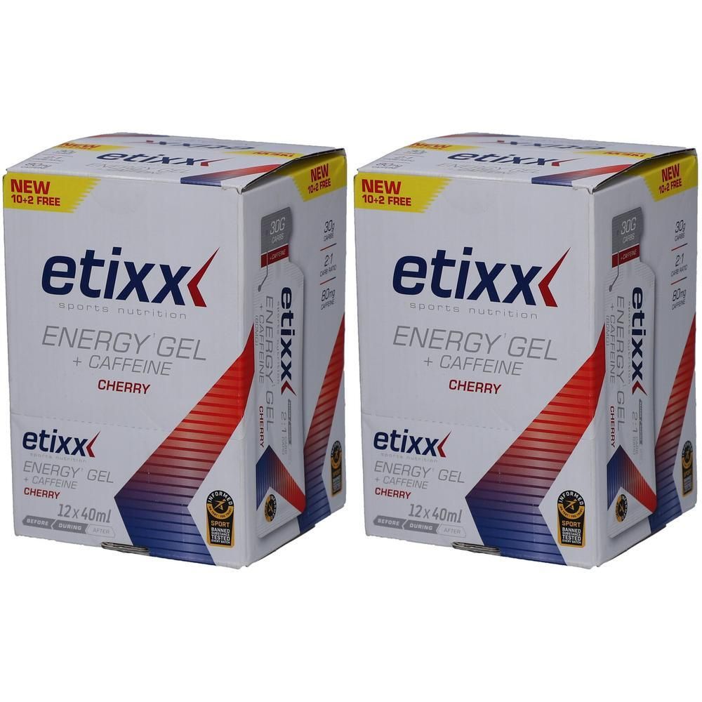 Deux boîtes d'Etixx Energy Gel Caféine-Cerise, 12x40ml chacune.